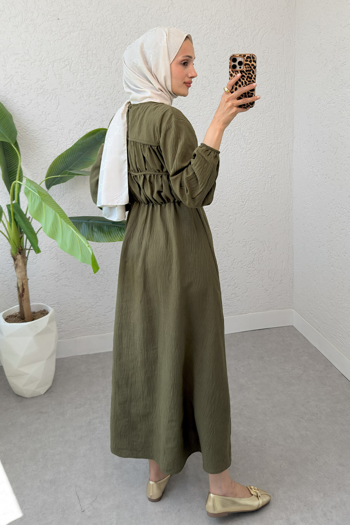 Büzgü Bağcıklı Tesettür Elbise 2319 - KOYU HAKİ |  