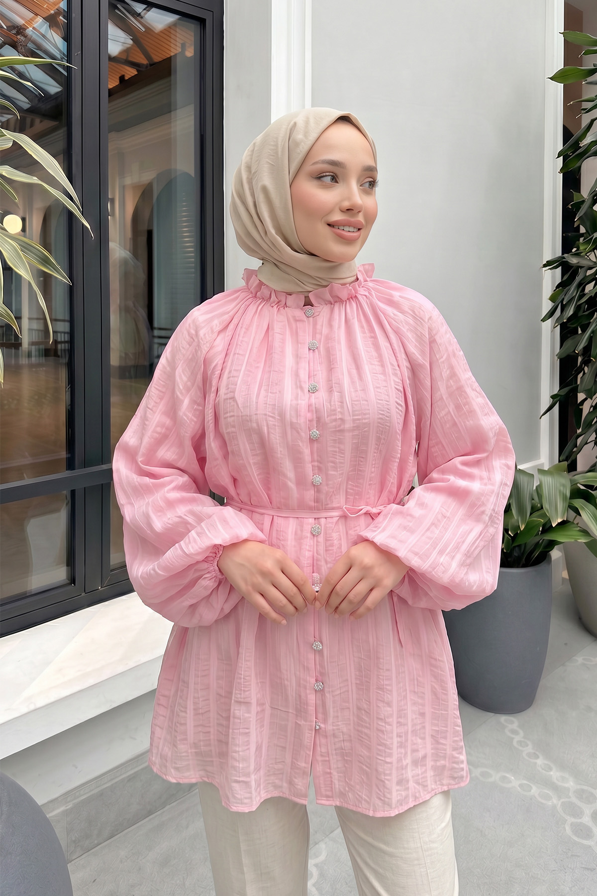 Birit Detaylı Gömlek Y0122 - PEMBE |  