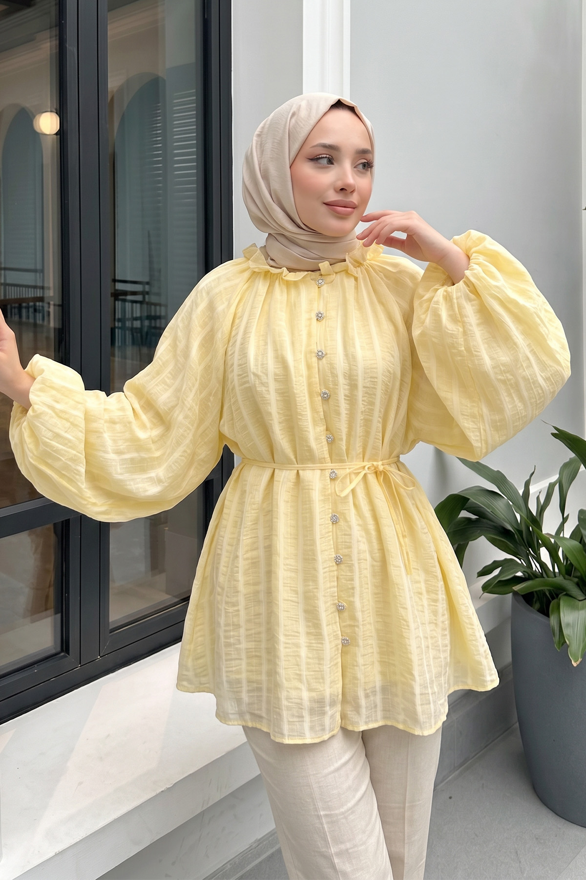 Birit Detaylı Gömlek Y0122 - SARI |  