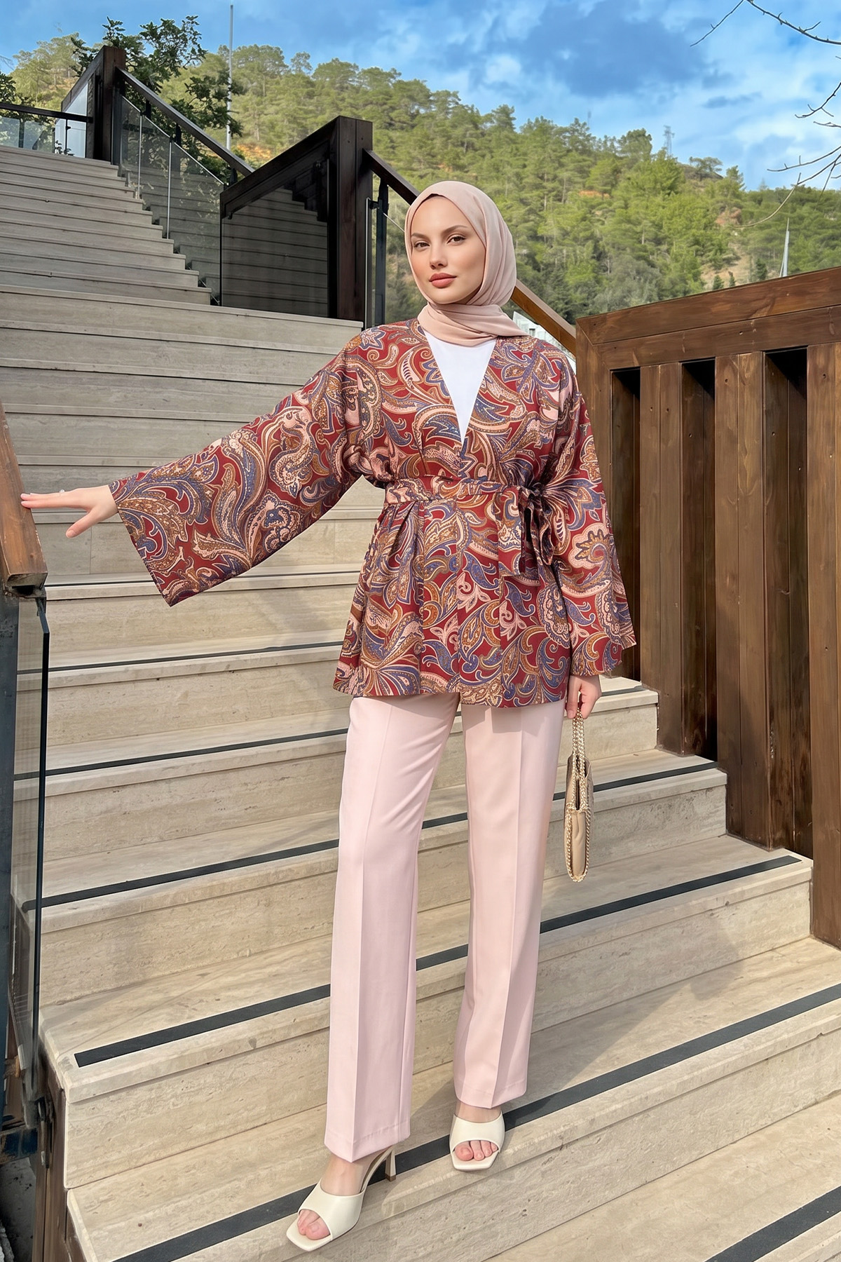 Etnik Desen Kimono 23751 - BORDO |  