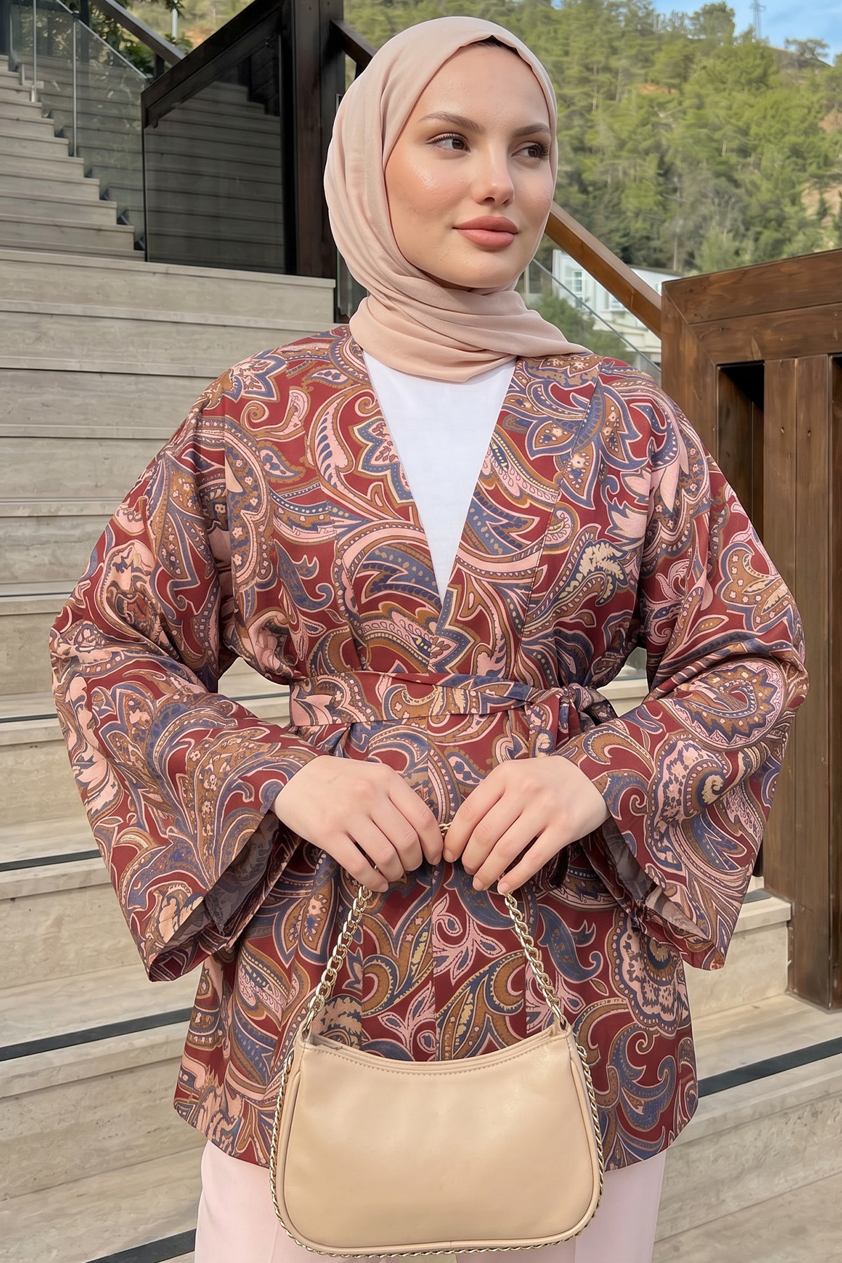 Etnik Desen Kimono 23751 - BORDO |  