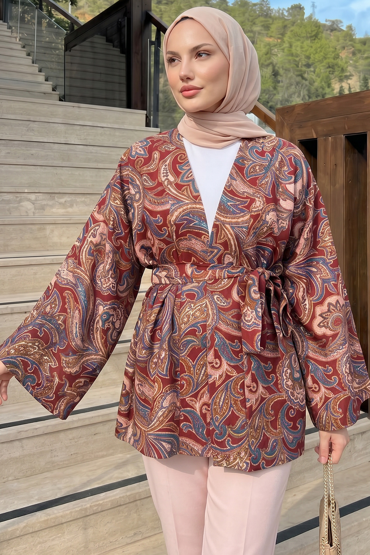 Etnik Desen Kimono 23751 - BORDO |  