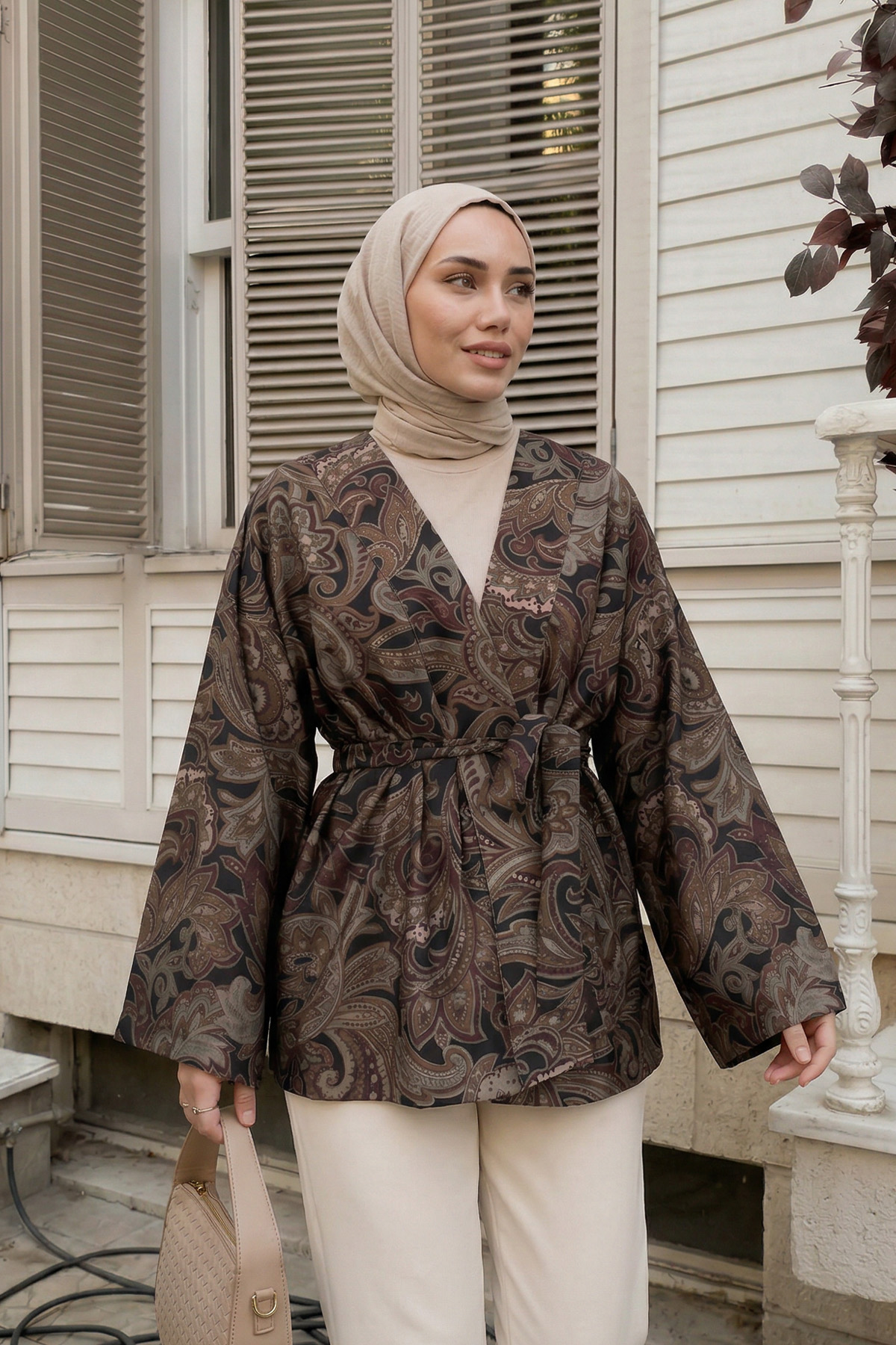 Etnik Desen Kimono 23751 - KAHVERENGİ |  