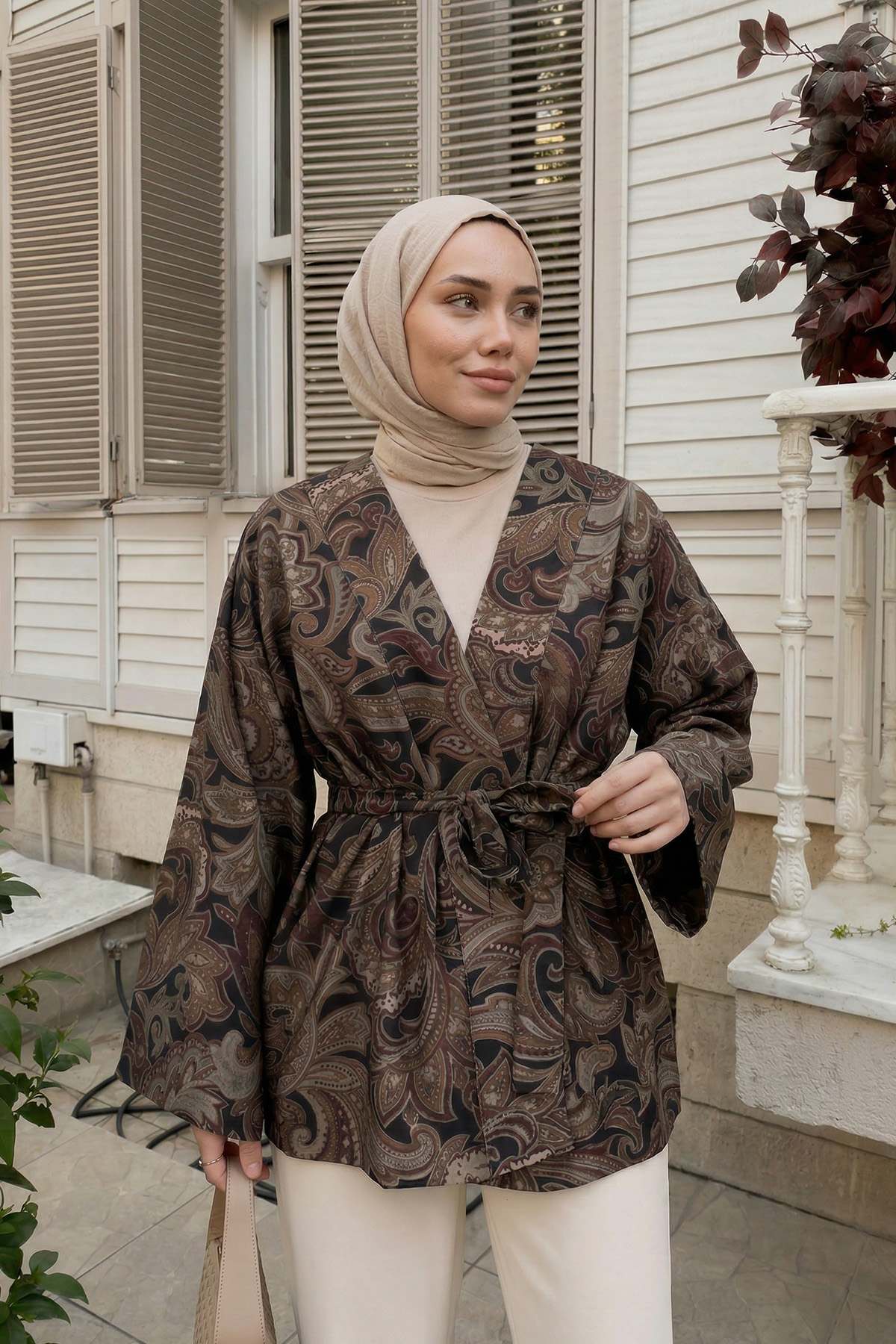 Etnik Desen Kimono 23751 - KAHVERENGİ |  