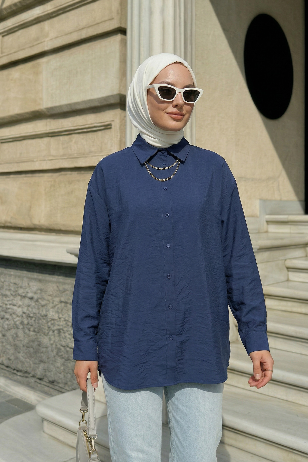 Düğmeli Tesettür Gömlek 612137 - LACİVERT |  