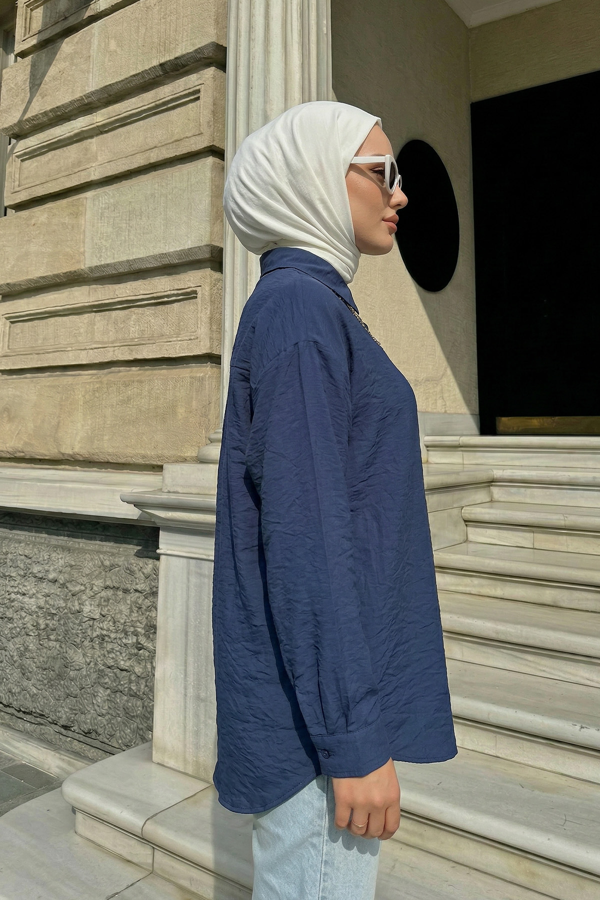 Düğmeli Tesettür Gömlek 612137 - LACİVERT |  