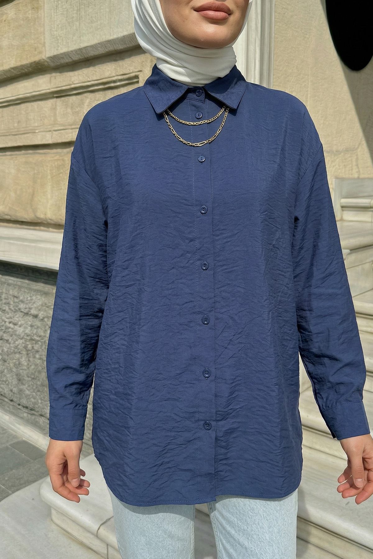 Düğmeli Tesettür Gömlek 612137 - LACİVERT |  