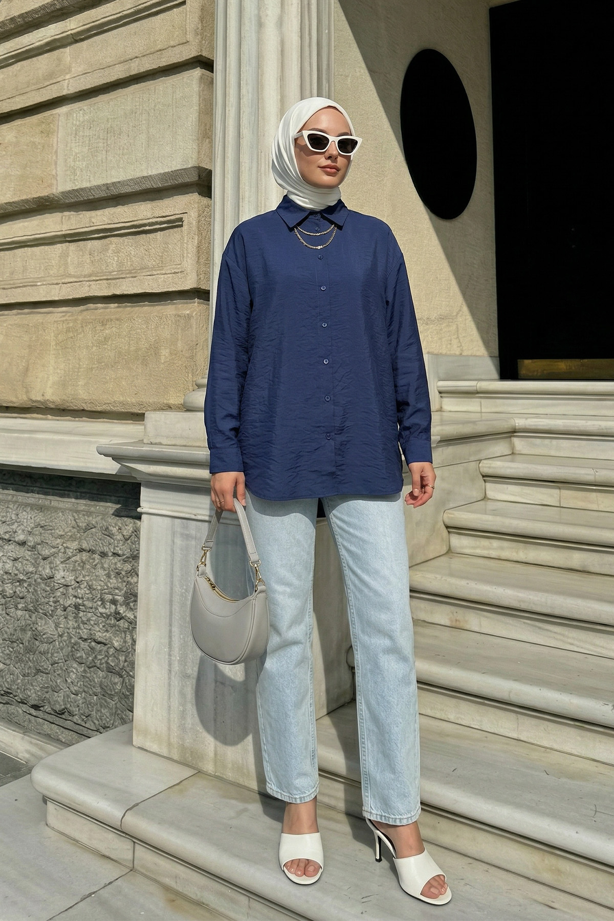 Düğmeli Tesettür Gömlek 612137 - LACİVERT |  