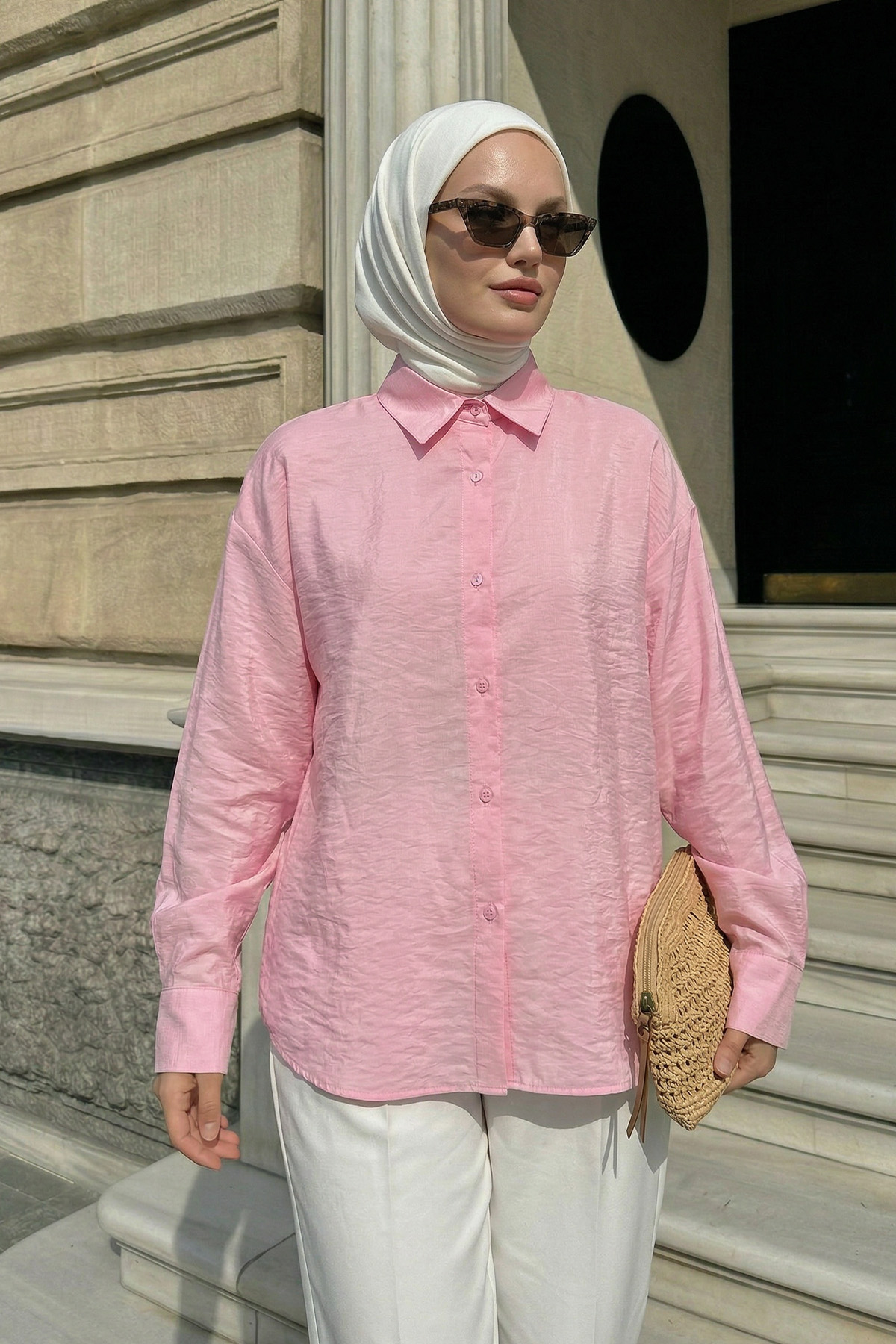 Düğmeli Tesettür Gömlek 612137 - PEMBE |  