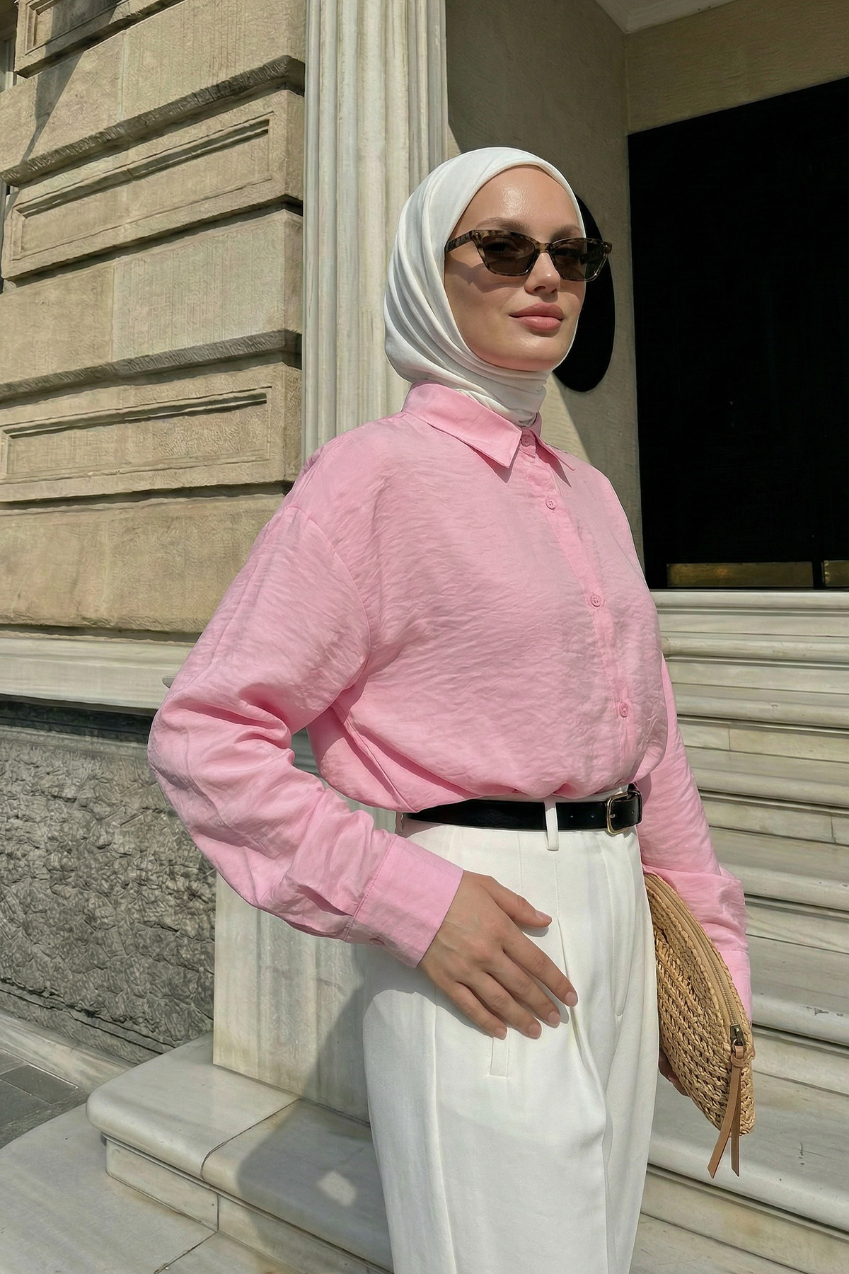 Düğmeli Tesettür Gömlek 612137 - PEMBE |  