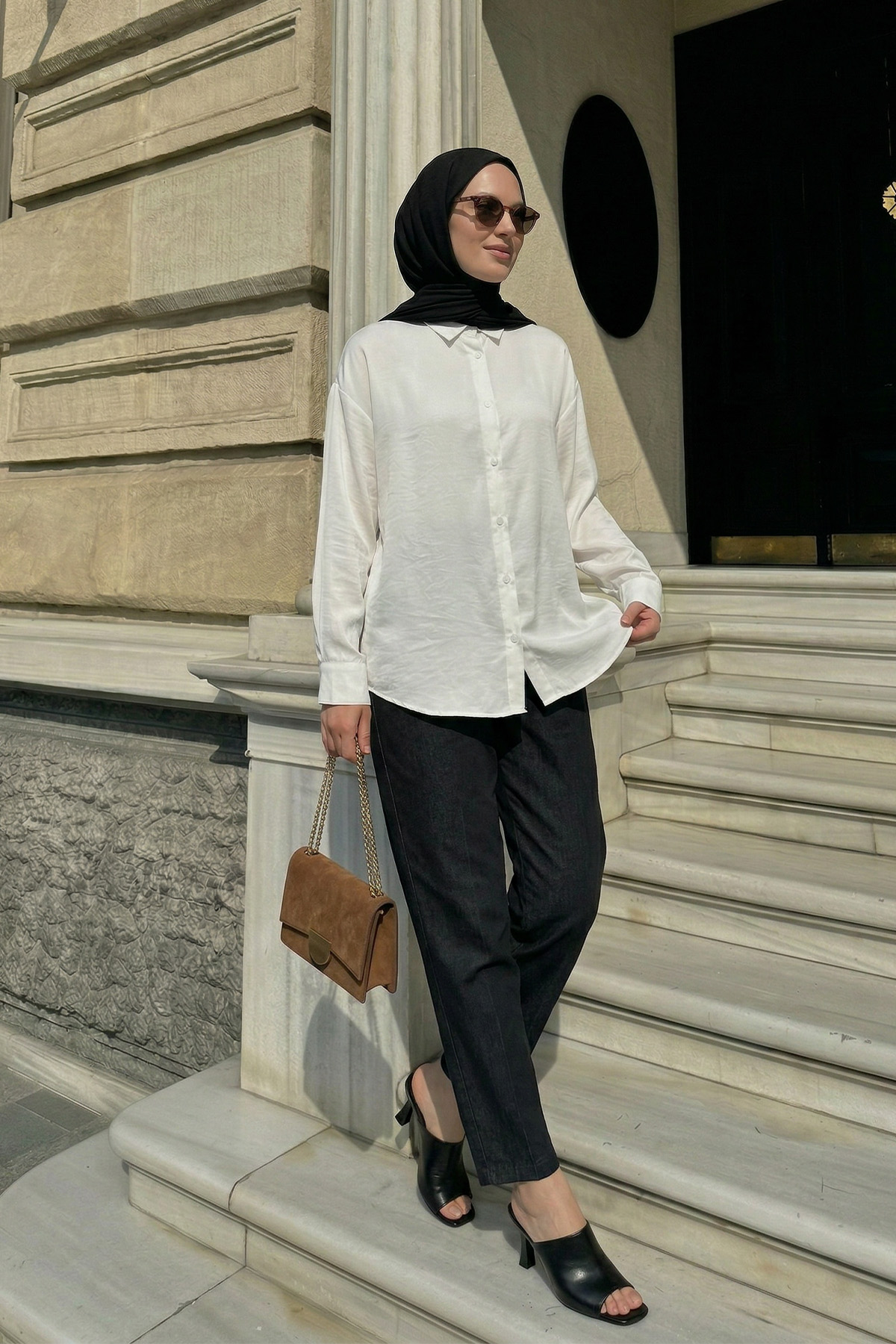 Düğmeli Tesettür Gömlek 612137 - EKRU |  