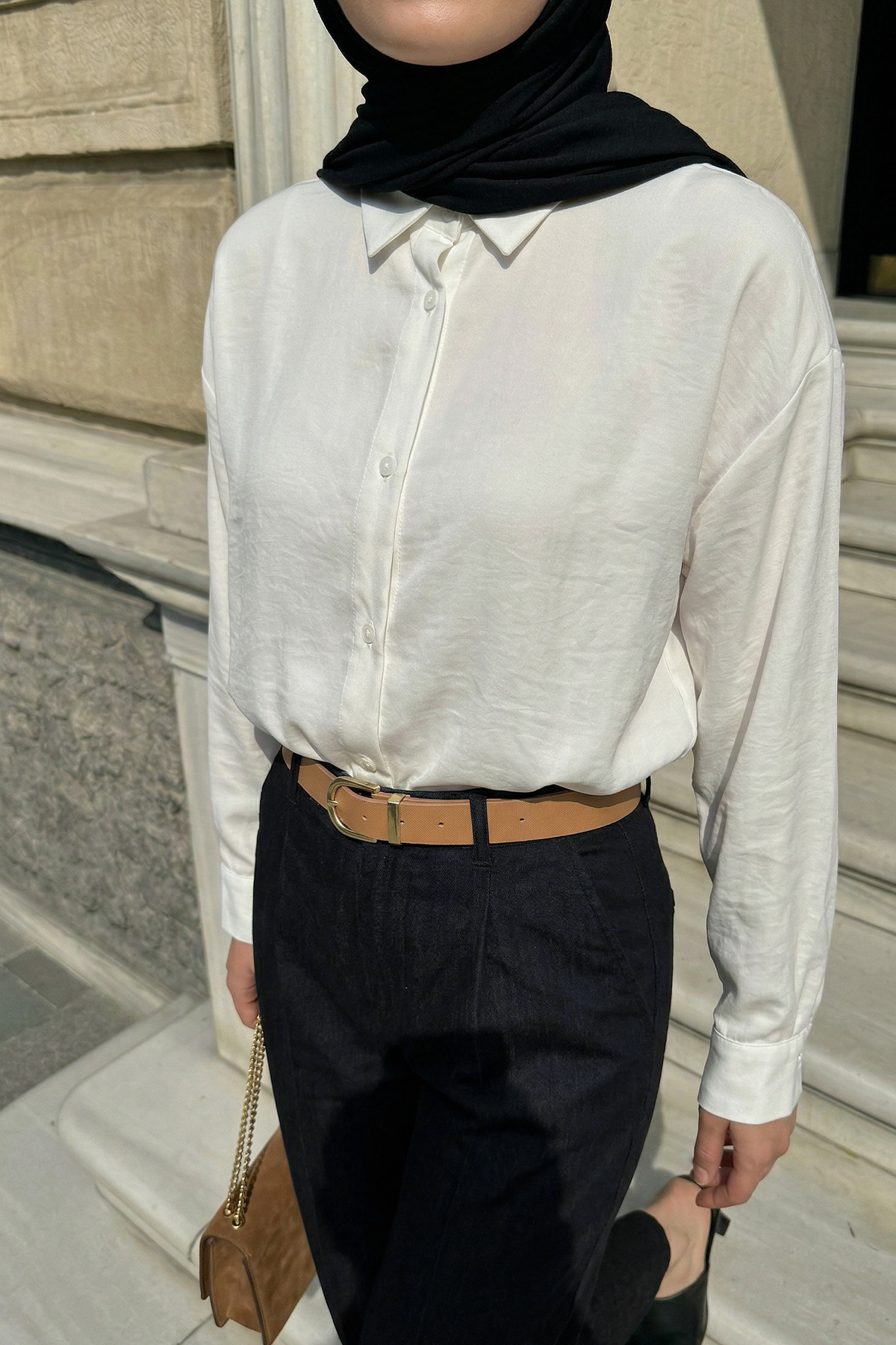 Düğmeli Tesettür Gömlek 612137 - EKRU |  