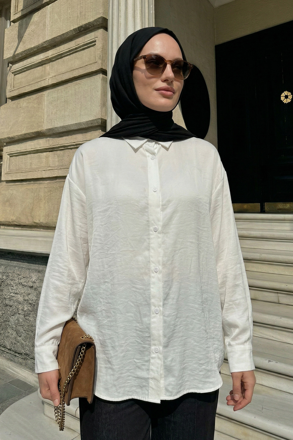 Düğmeli Tesettür Gömlek 612137 - EKRU |  