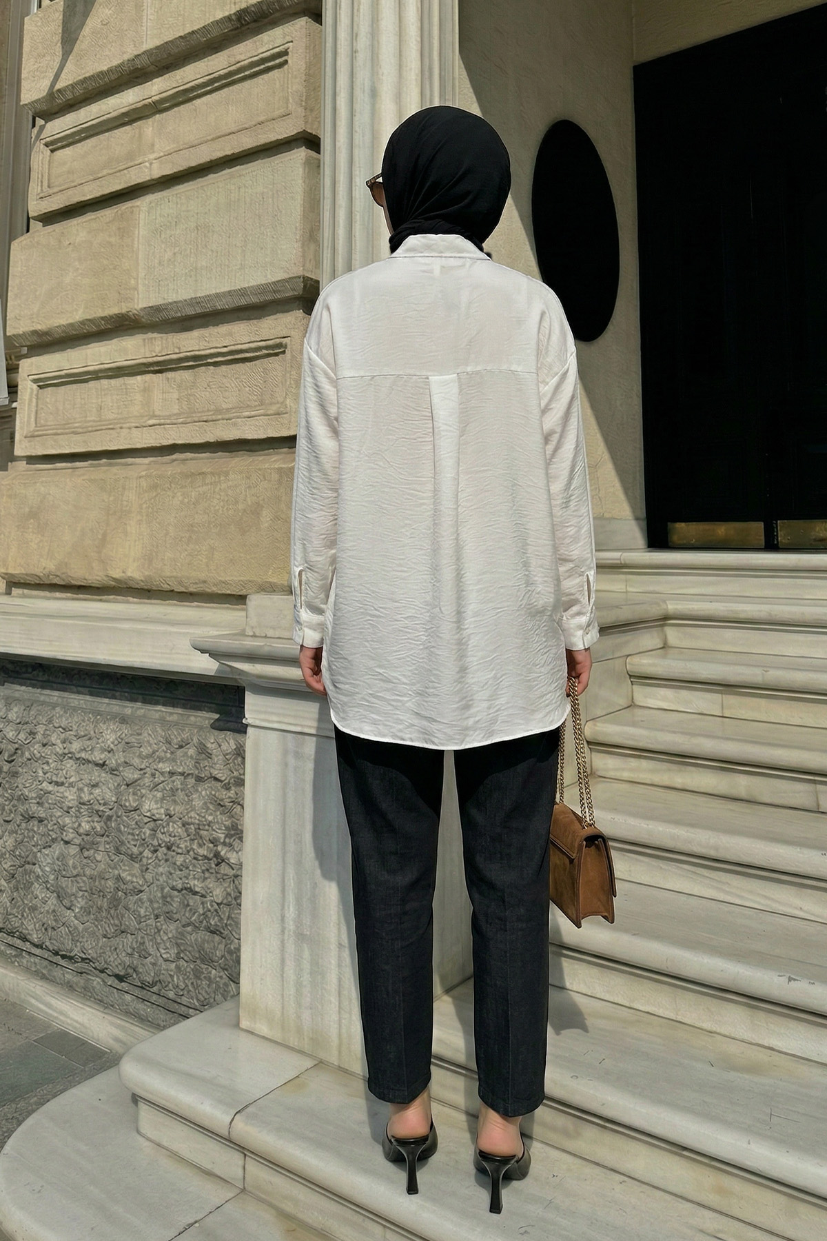 Düğmeli Tesettür Gömlek 612137 - EKRU |  