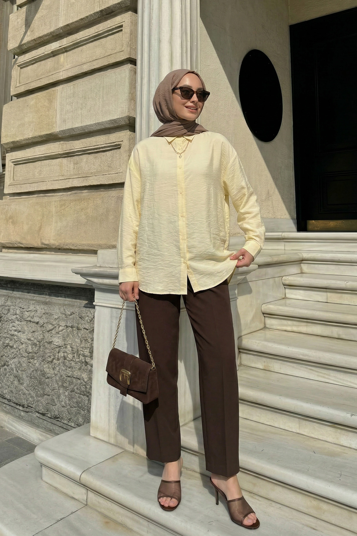 Düğmeli Tesettür Gömlek 612137 - SARI |  