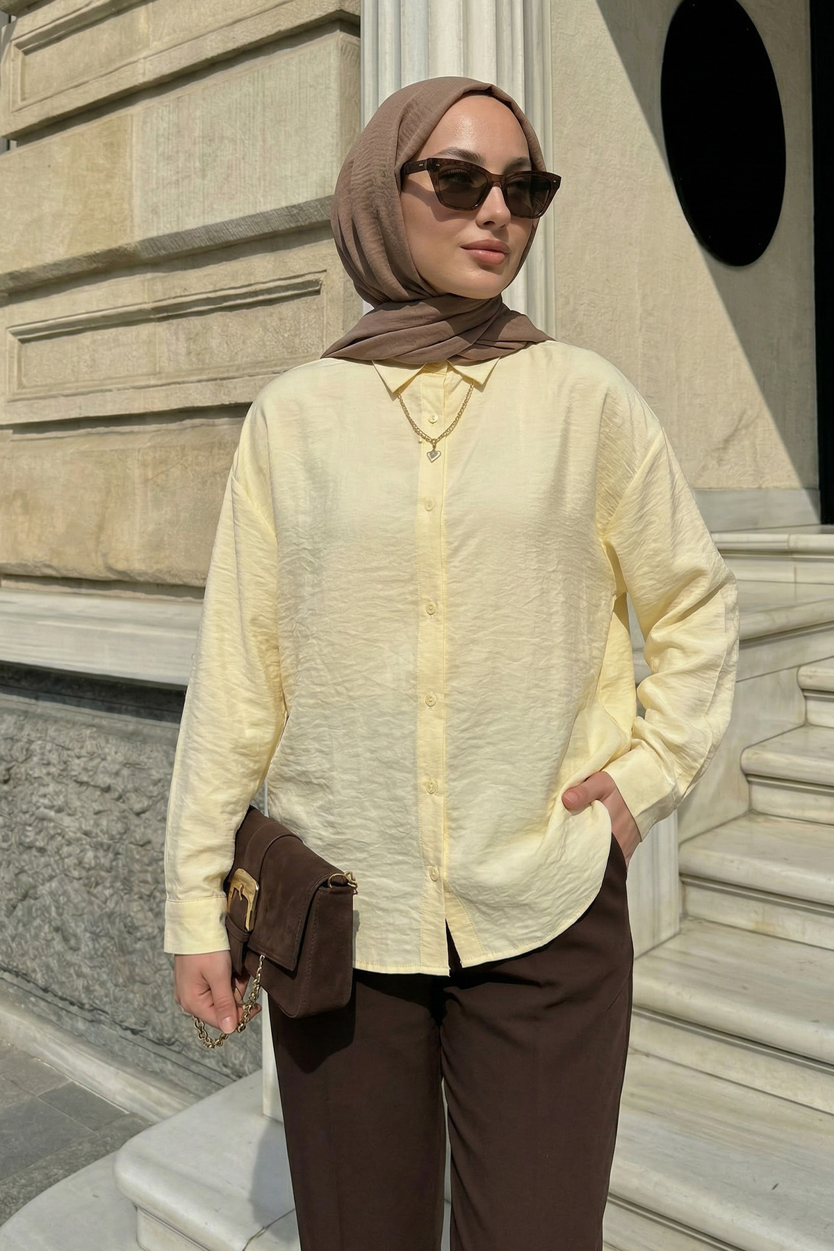 Düğmeli Tesettür Gömlek 612137 - SARI |  