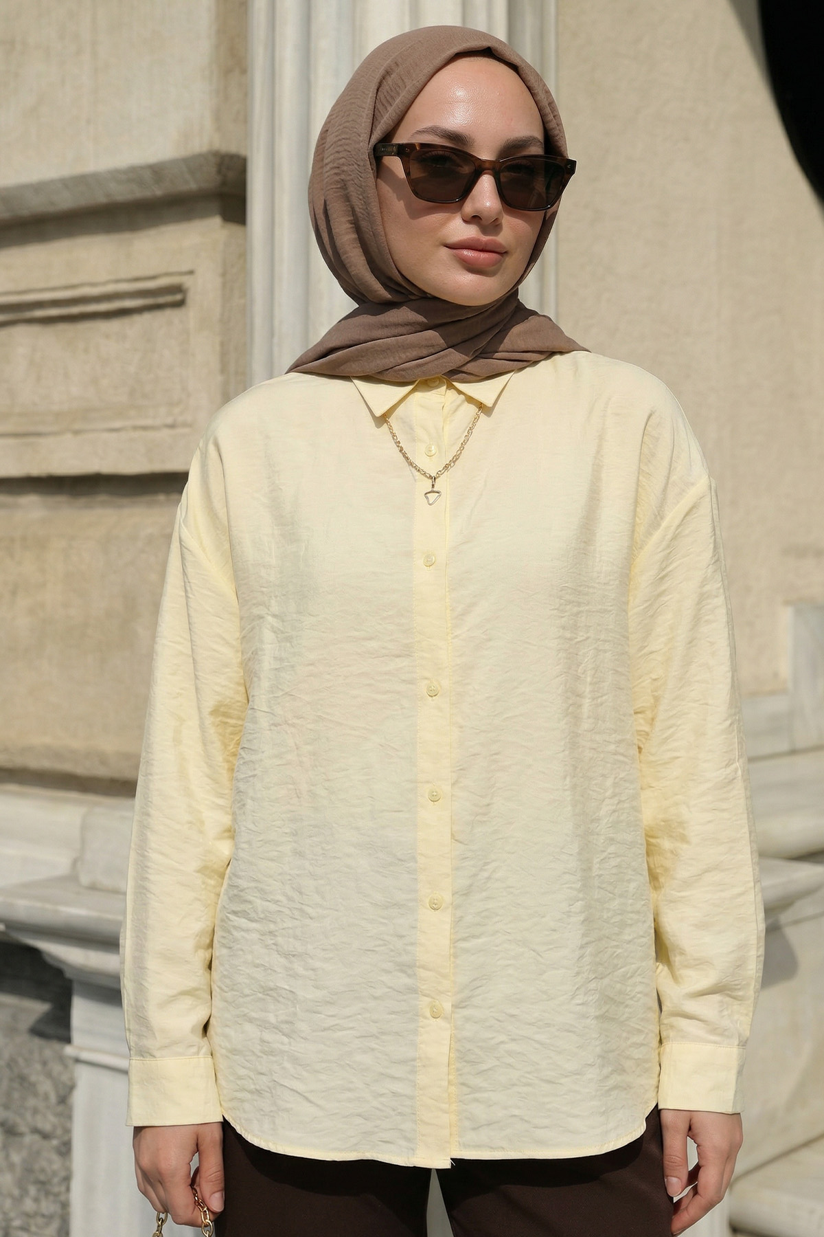 Düğmeli Tesettür Gömlek 612137 - SARI |  