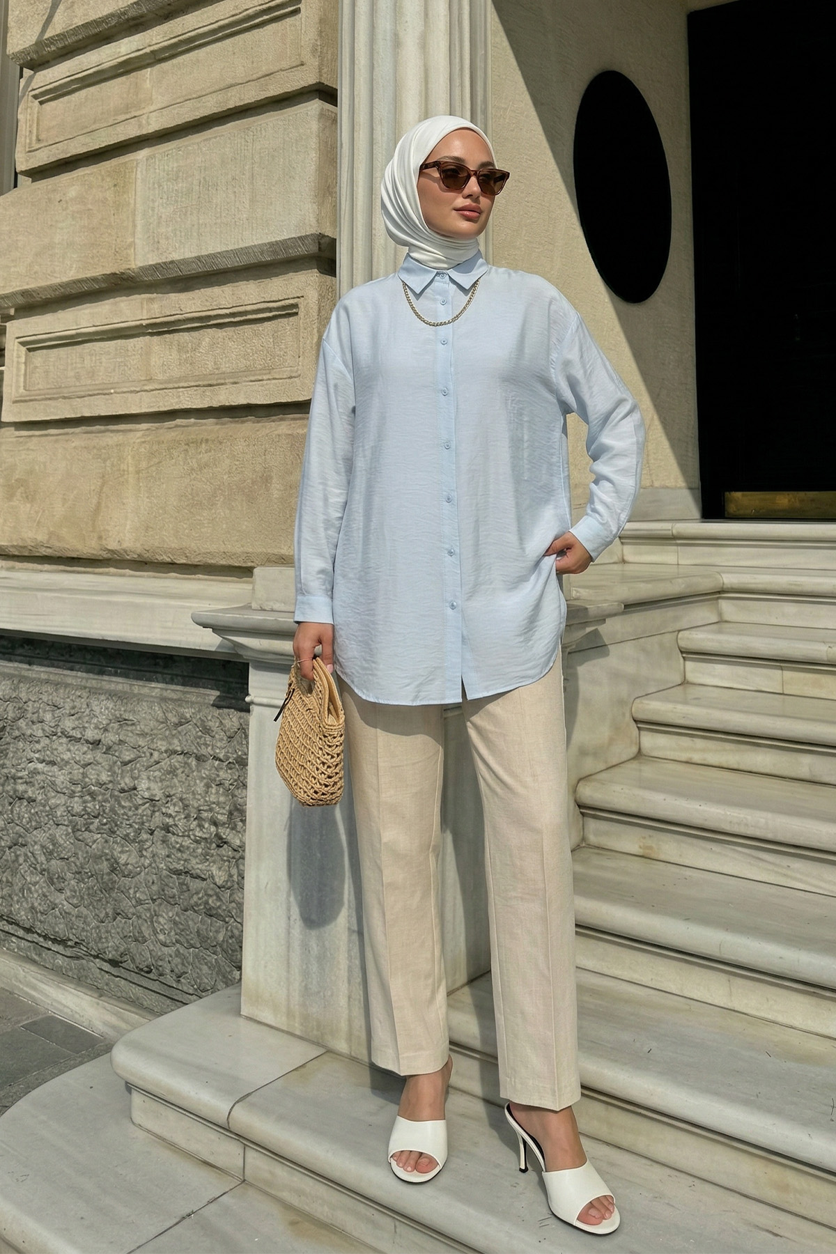 Düğmeli Tesettür Gömlek 612137 - BEBE MAVİSİ |  