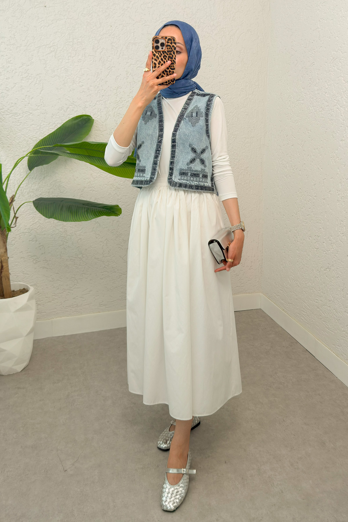 Pul Nakışlı Denim Yelek 92030 - MAVİ |  