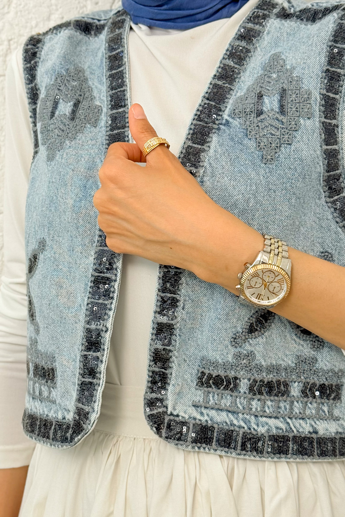 Pul Nakışlı Denim Yelek 92030 - MAVİ |  