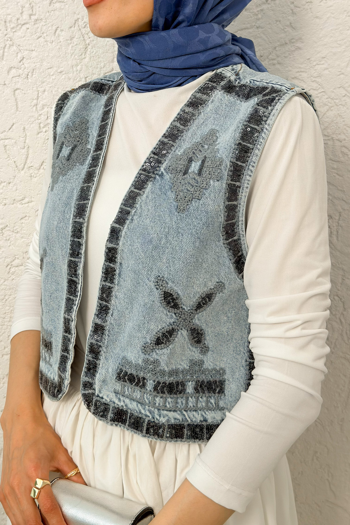 Pul Nakışlı Denim Yelek 92030 - MAVİ |  