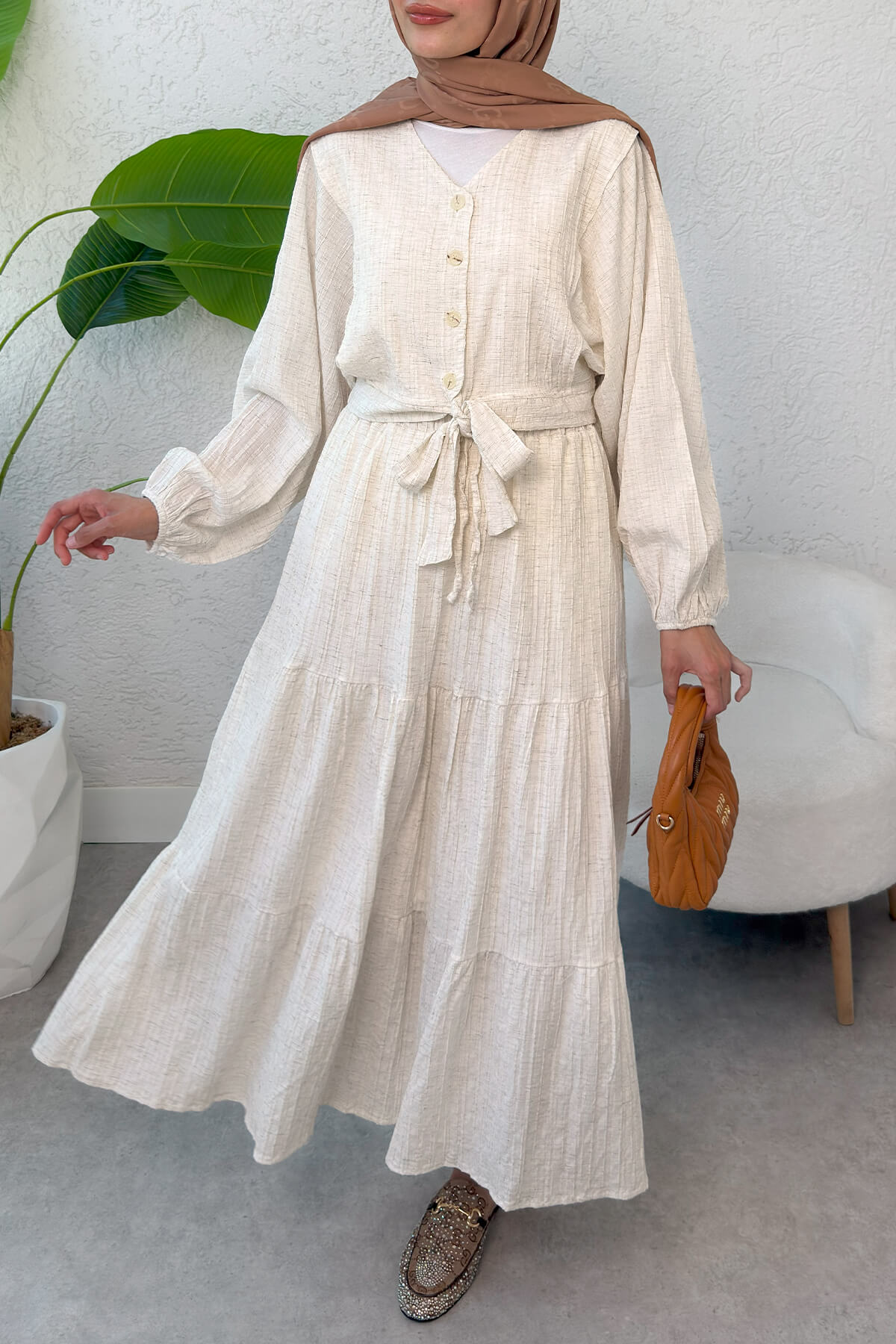 Dokulu Kuşaklı Balon Kol Etekli Takım 2365 - EKRU |  