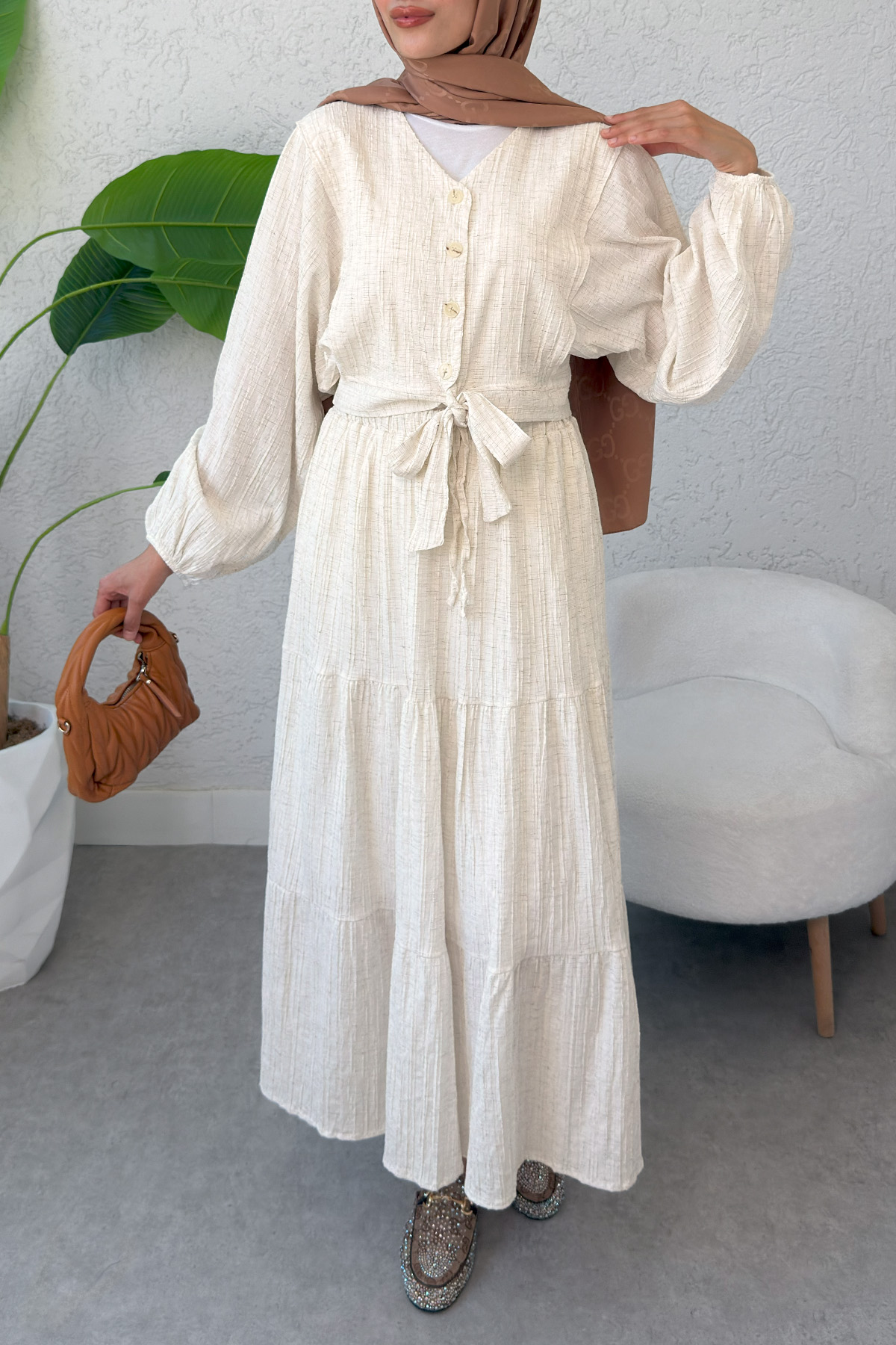 Dokulu Kuşaklı Balon Kol Etekli Takım 2365 - EKRU |  