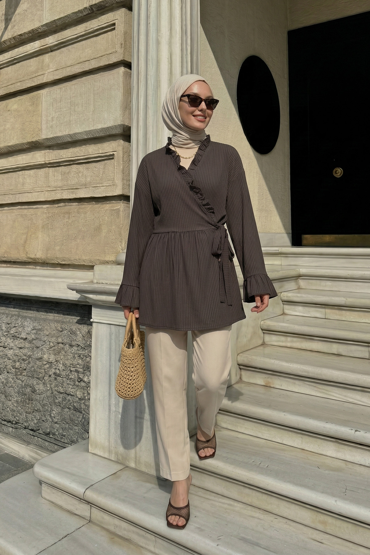 Çapraz Bağlamalı Kimono Y0128 - AÇIK KAHVE |  