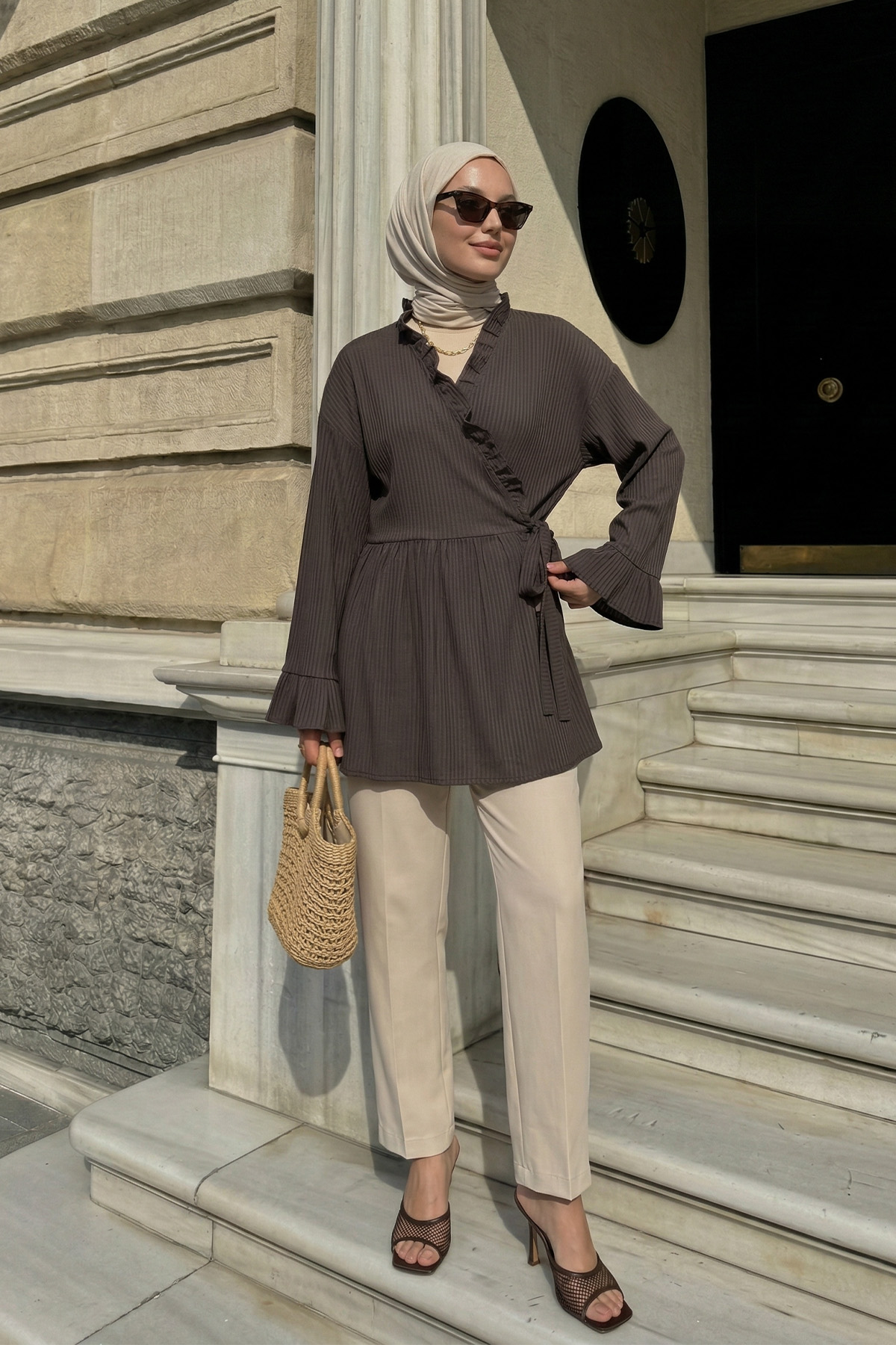 Çapraz Bağlamalı Kimono Y0128 - AÇIK KAHVE |  