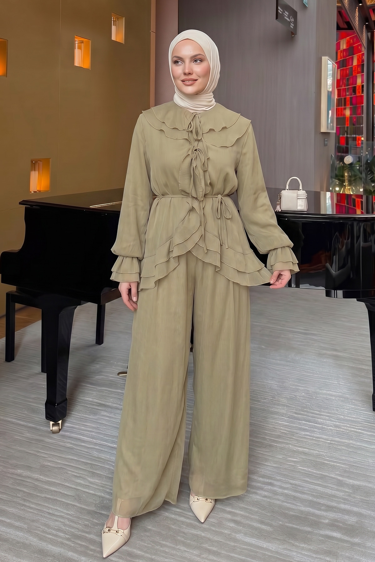 Fırfırlı Premium Şifon Takım 266031 - AÇIK HAKİ |  