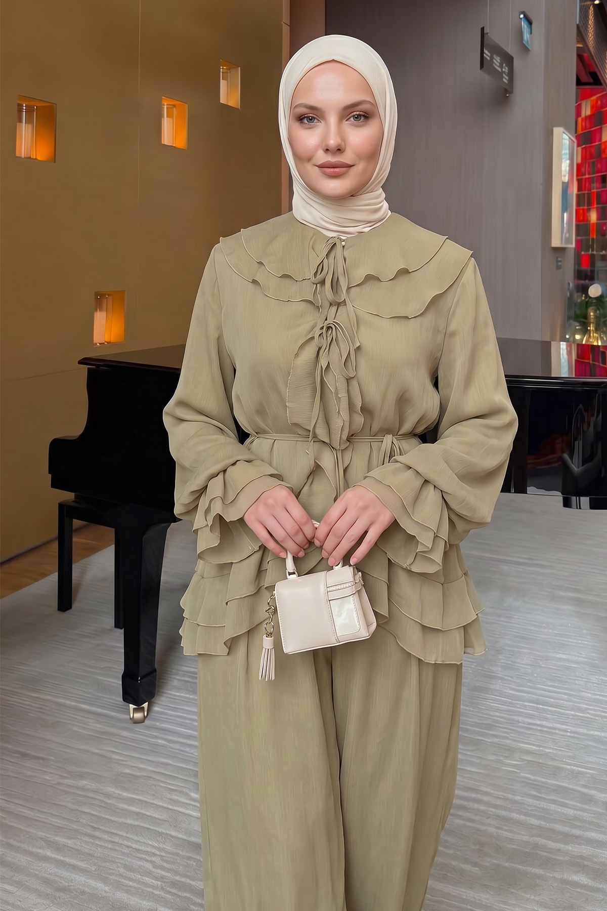 Fırfırlı Premium Şifon Takım 266031 - AÇIK HAKİ |  