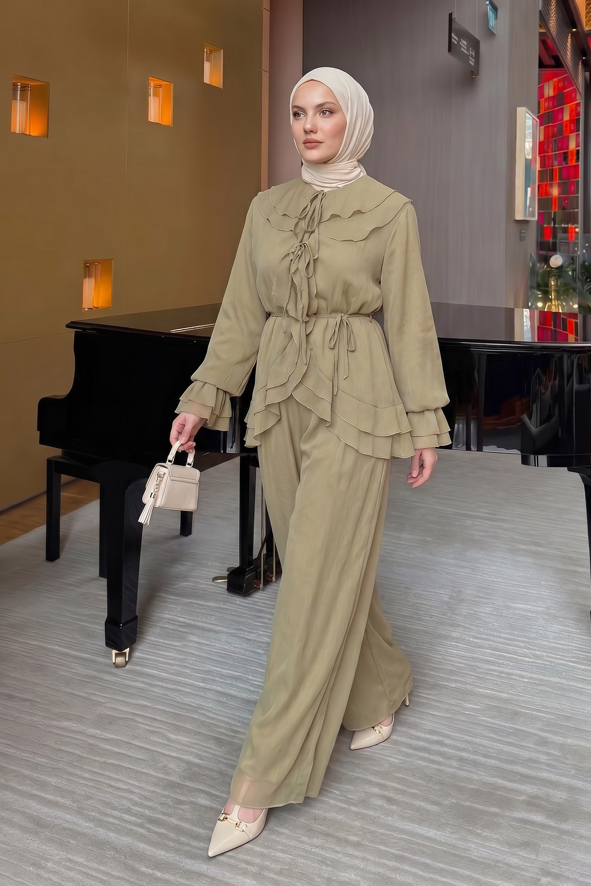 Fırfırlı Premium Şifon Takım 266031 - AÇIK HAKİ |  