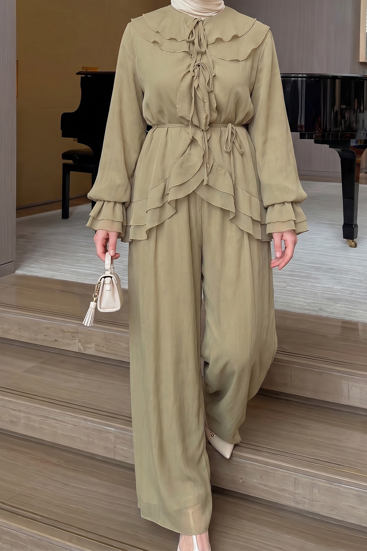 Fırfırlı Premium Şifon Takım 266031 - AÇIK HAKİ |  