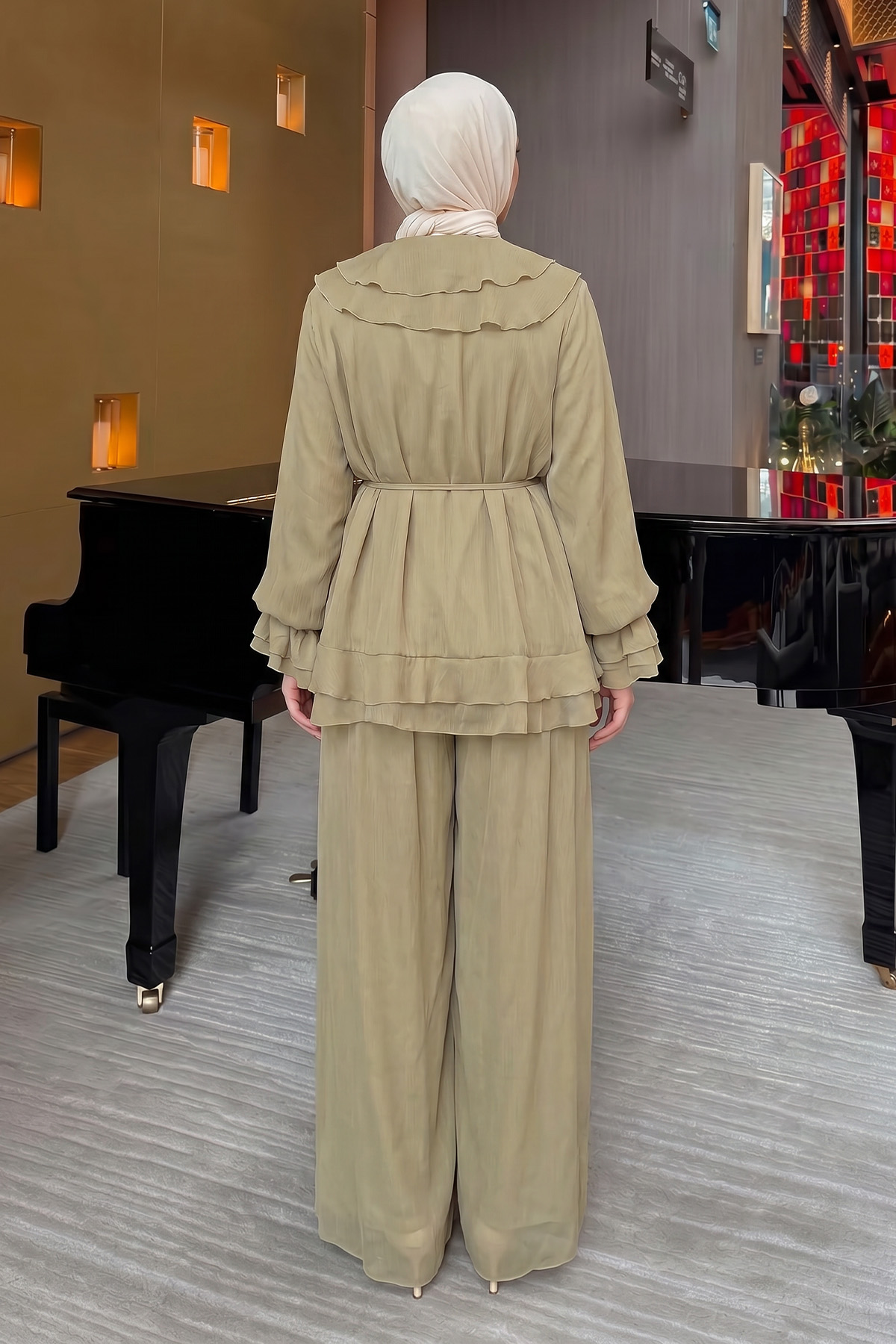 Fırfırlı Premium Şifon Takım 266031 - AÇIK HAKİ |  