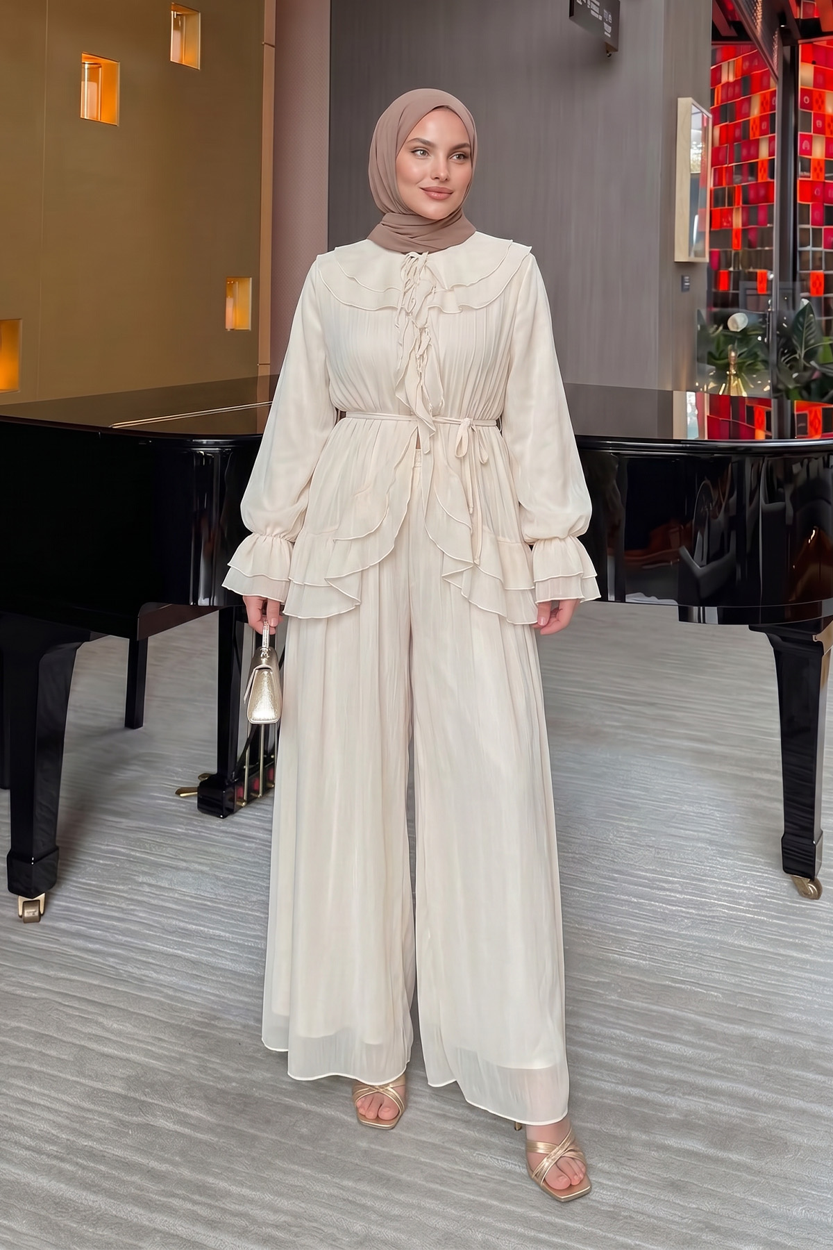 Fırfırlı Premium Şifon Takım 266031 - KREM |  