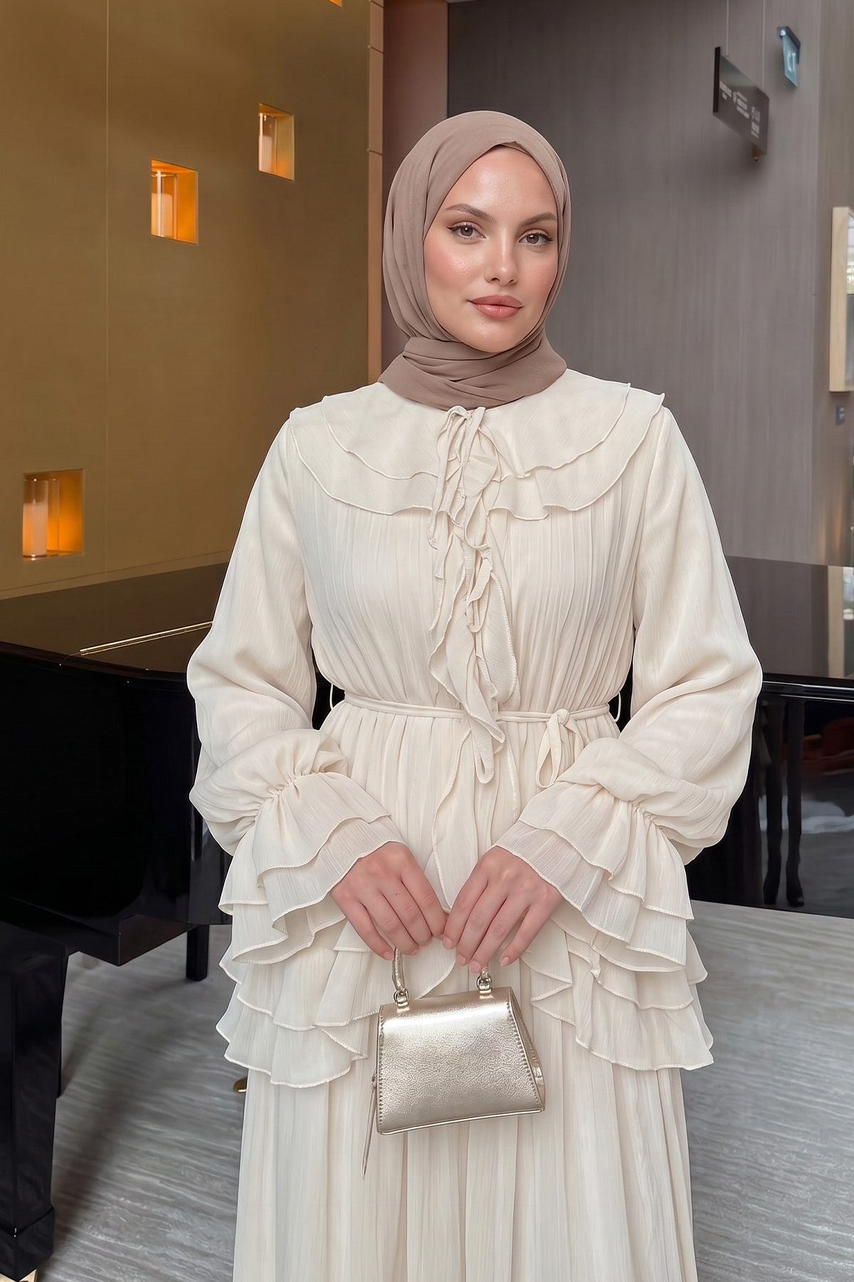 Fırfırlı Premium Şifon Takım 266031 - KREM |  