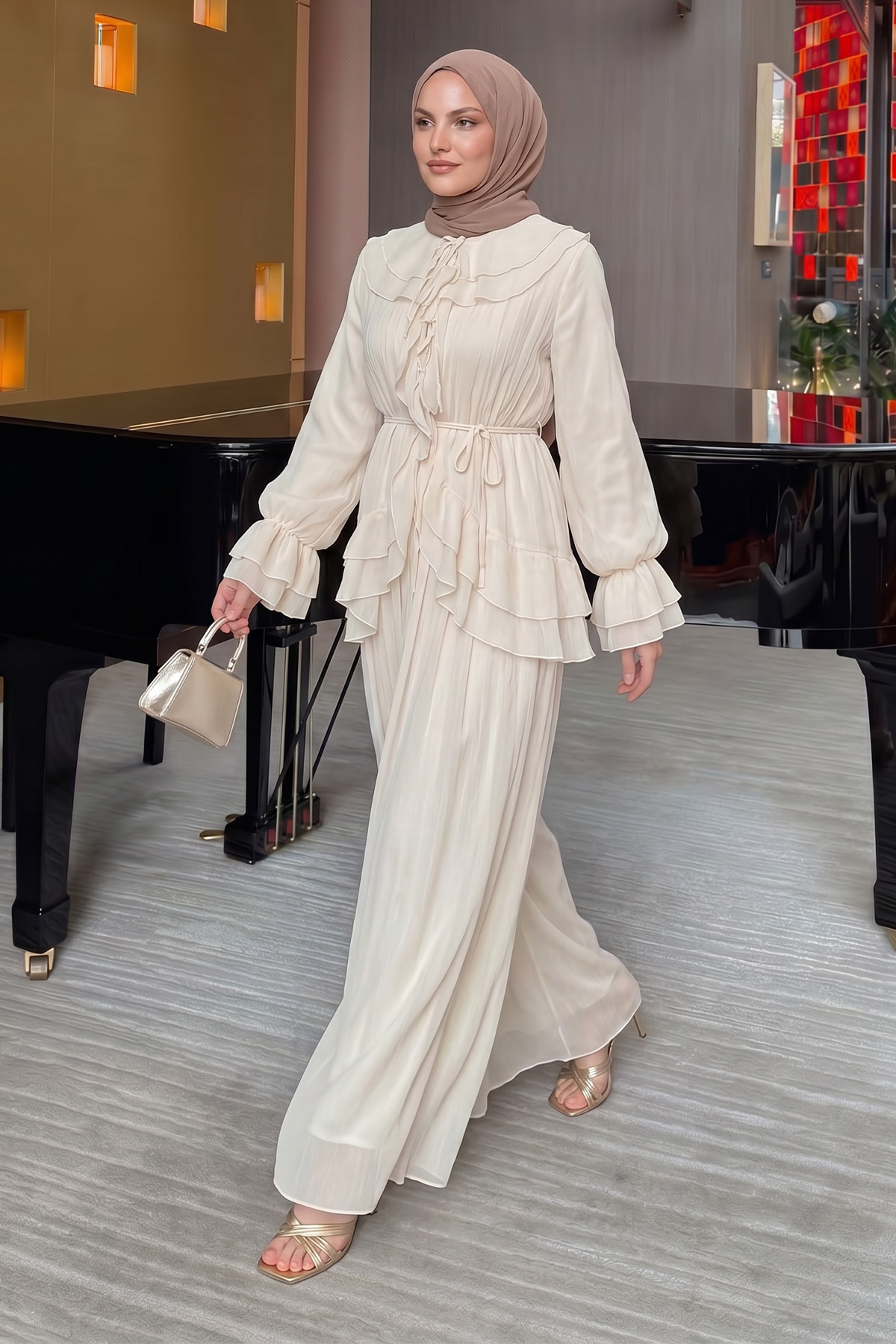 Fırfırlı Premium Şifon Takım 266031 - KREM |  