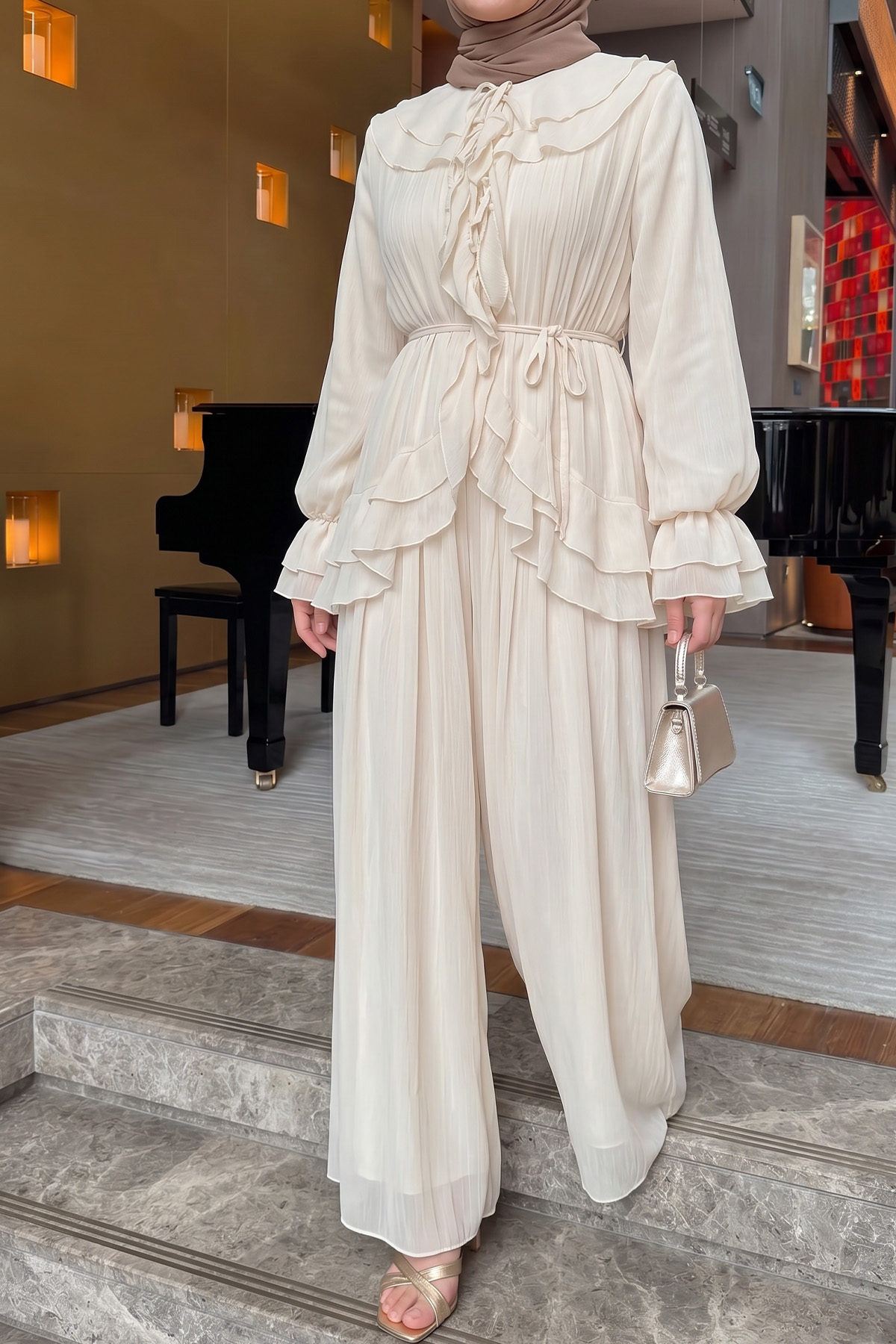 Fırfırlı Premium Şifon Takım 266031 - KREM |  