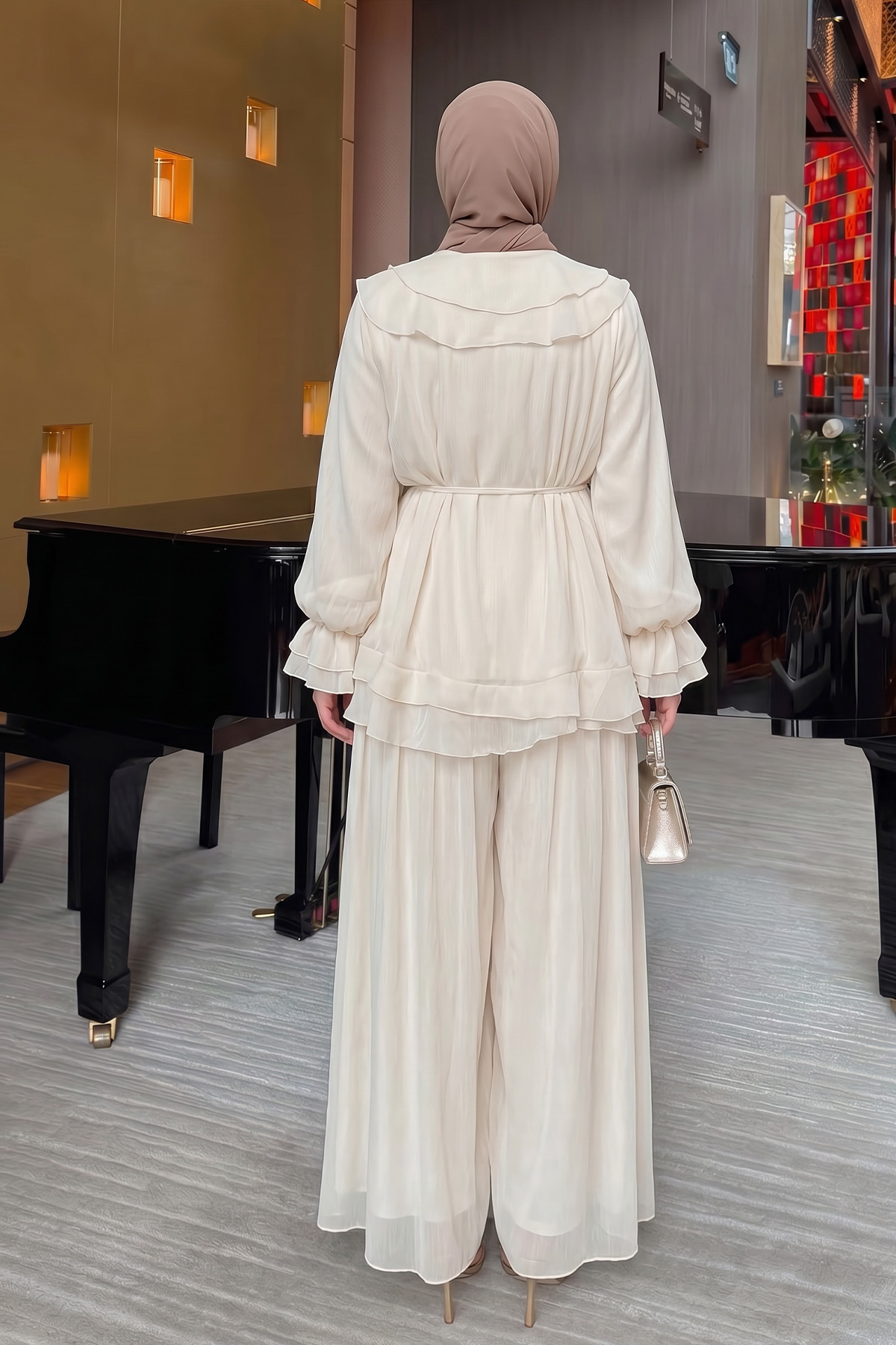 Fırfırlı Premium Şifon Takım 266031 - KREM |  