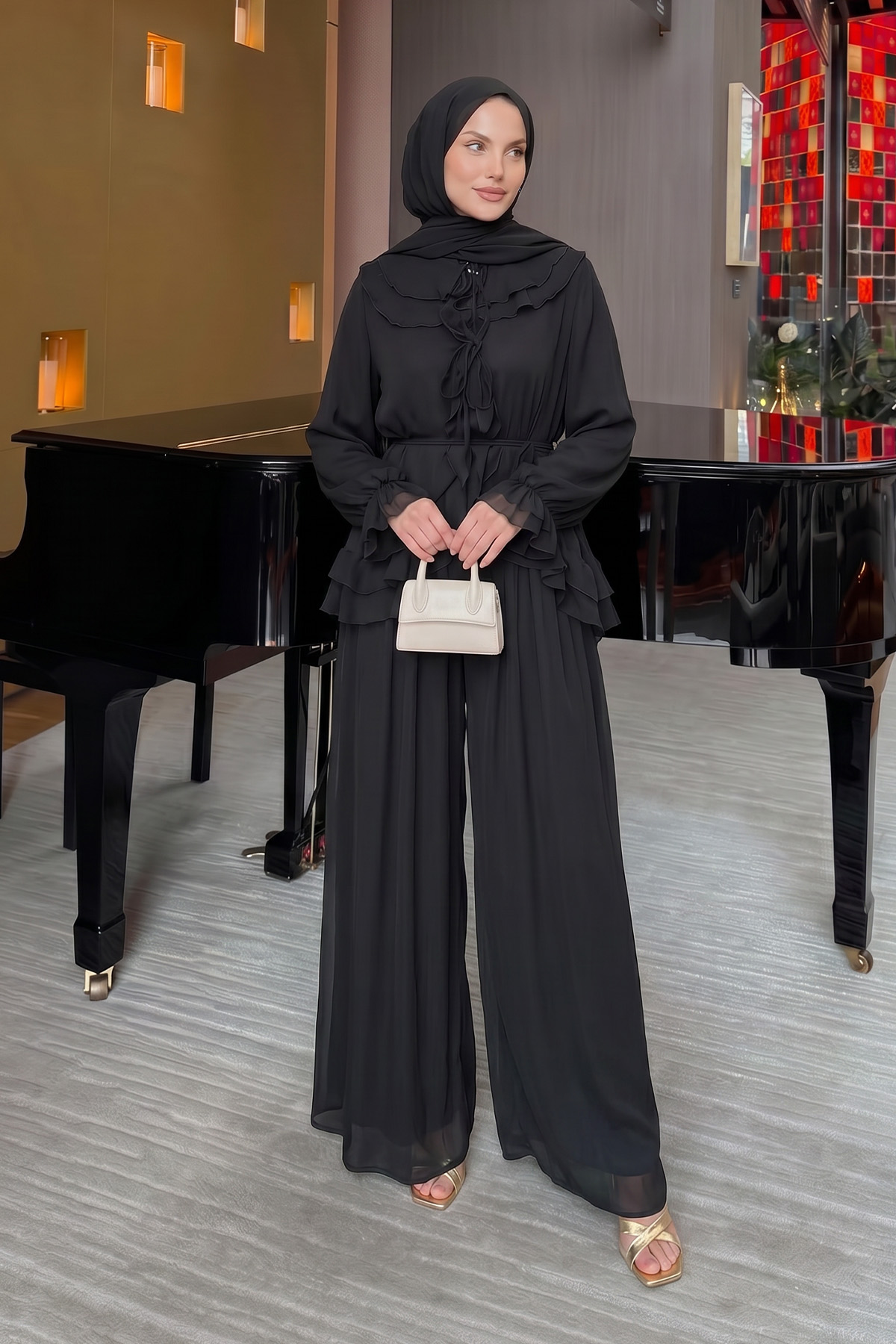 Fırfırlı Premium Şifon Takım 266031 - SİYAH |  