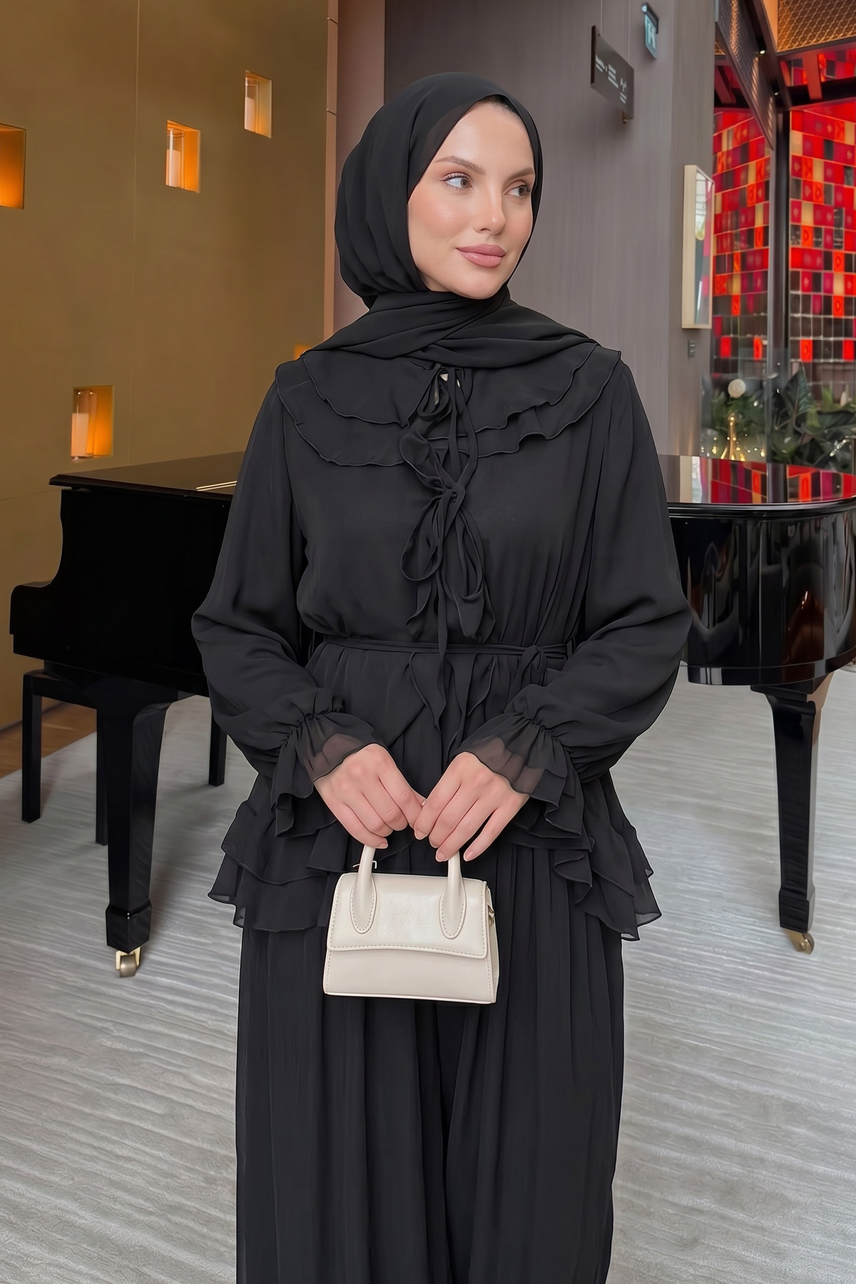 Fırfırlı Premium Şifon Takım 266031 - SİYAH |  