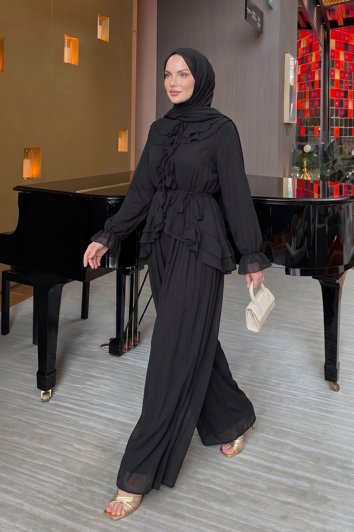 Fırfırlı Premium Şifon Takım 266031 - SİYAH |  