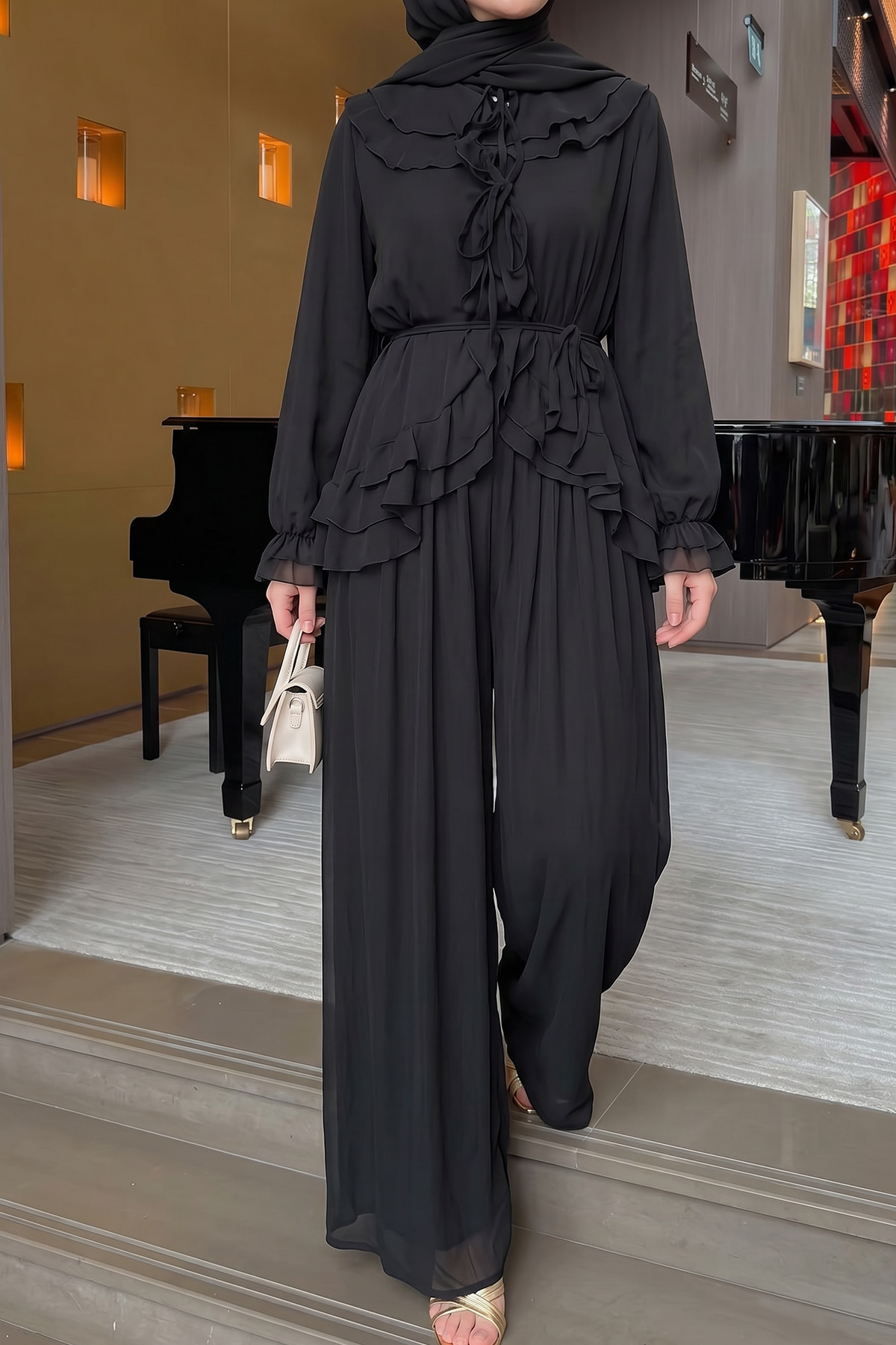 Fırfırlı Premium Şifon Takım 266031 - SİYAH |  