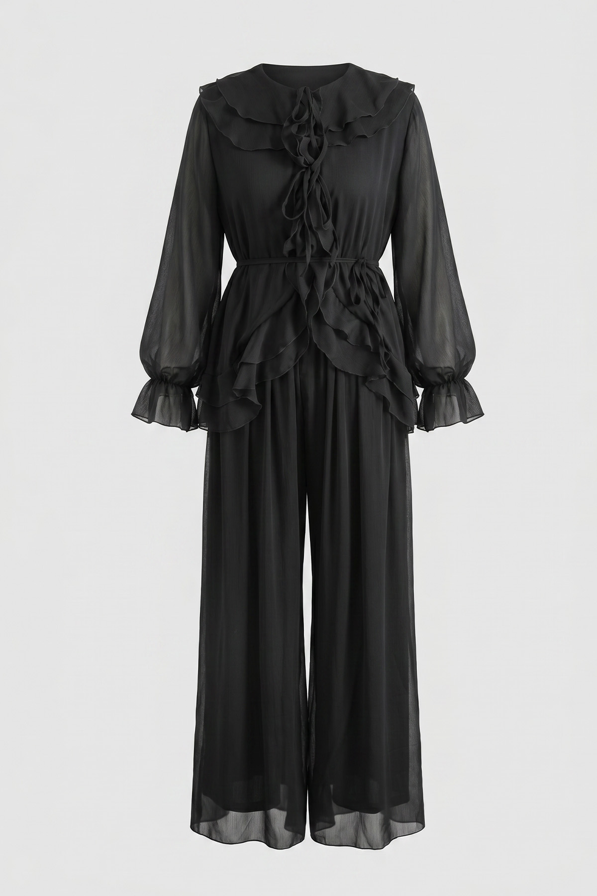 Fırfırlı Premium Şifon Takım 266031 - SİYAH |  