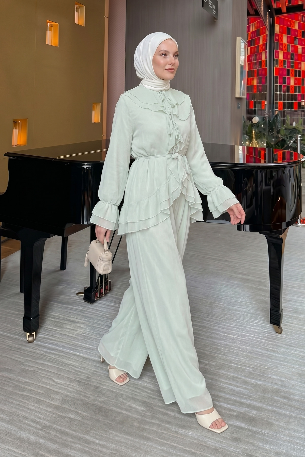 Fırfırlı Premium Şifon Takım 266031 - AÇIK YEŞİL |  