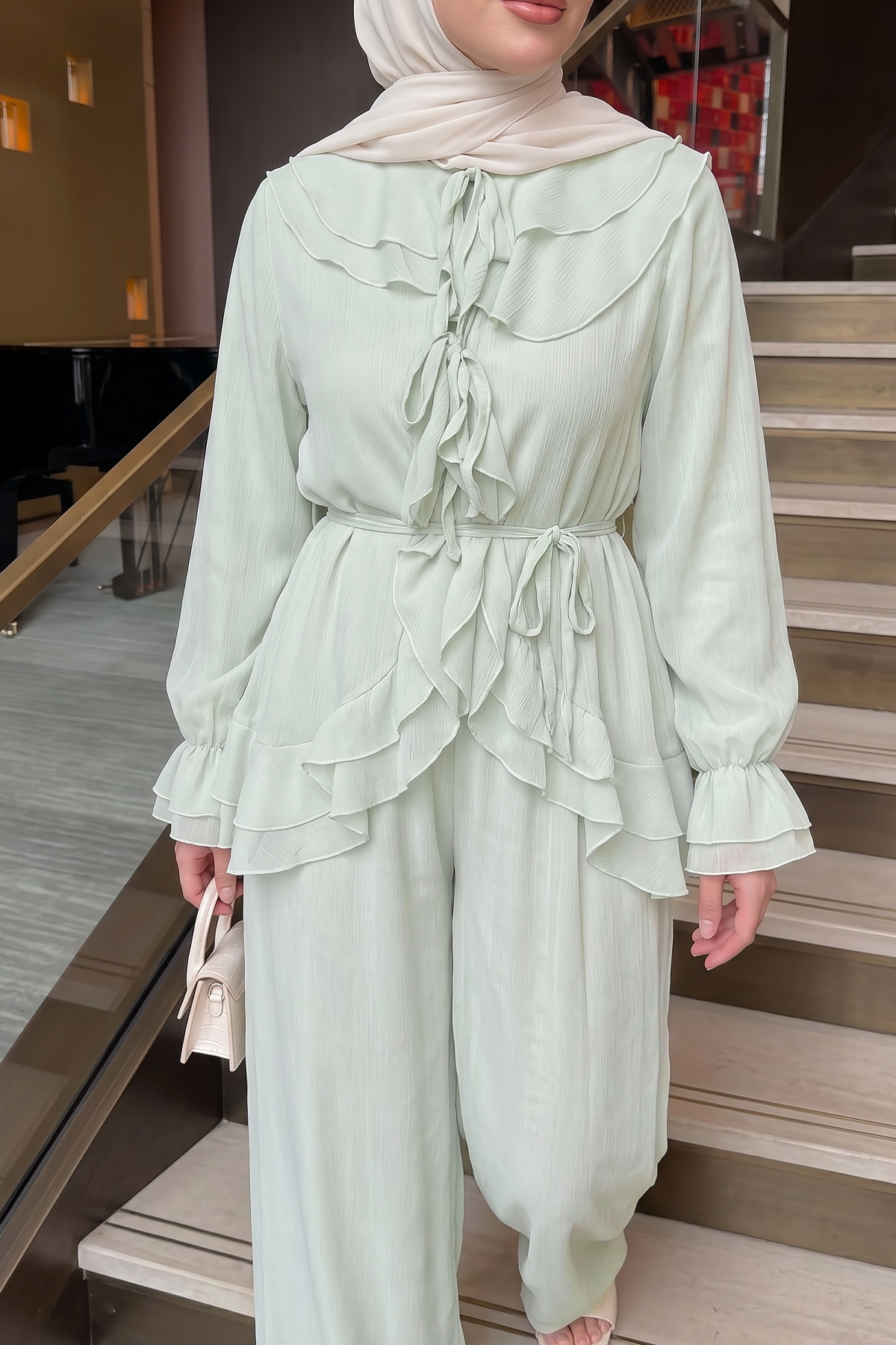 Fırfırlı Premium Şifon Takım 266031 - AÇIK YEŞİL |  