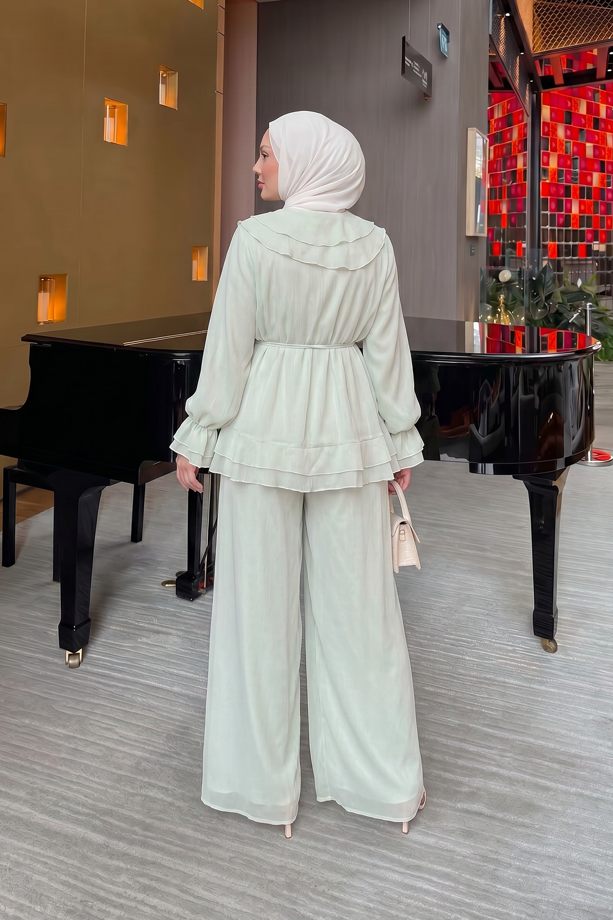 Fırfırlı Premium Şifon Takım 266031 - AÇIK YEŞİL |  