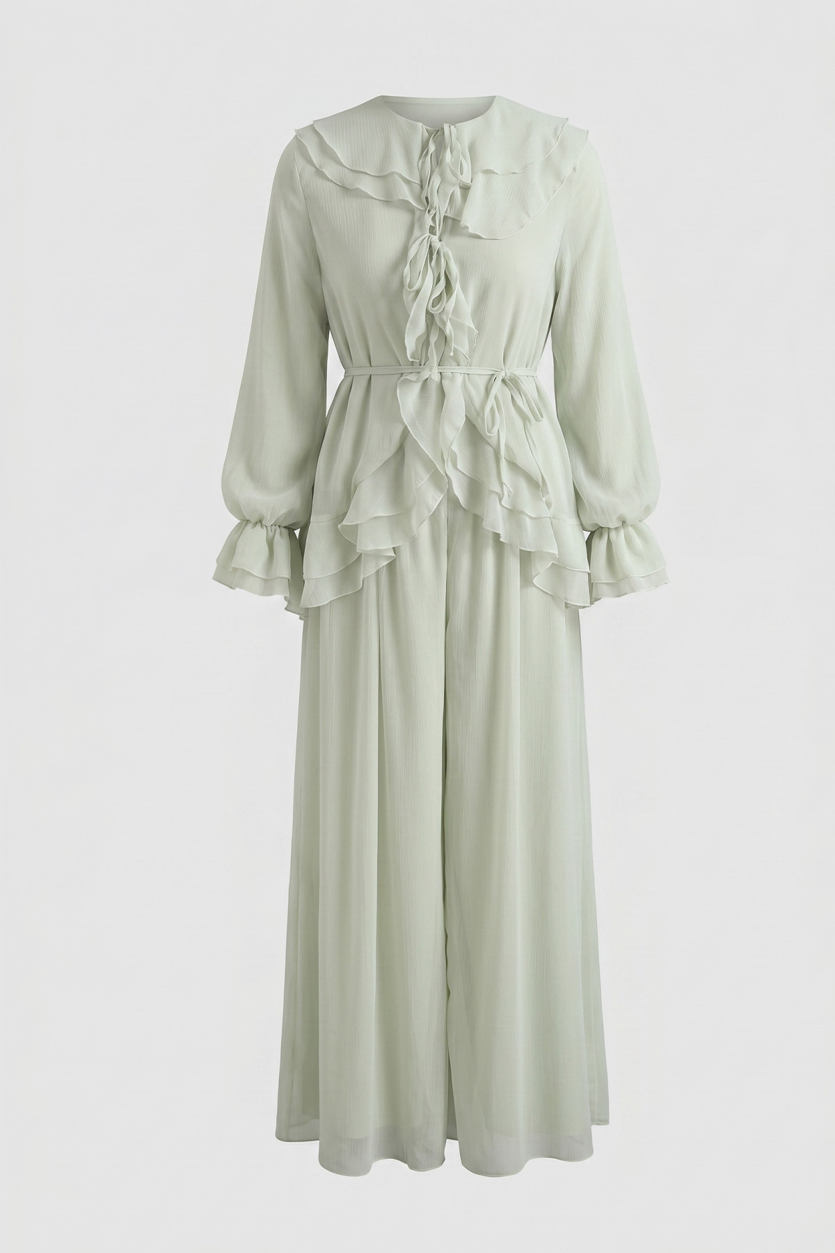 Fırfırlı Premium Şifon Takım 266031 - AÇIK YEŞİL |  