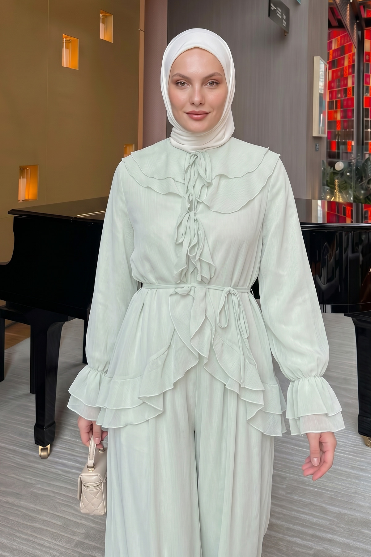 Fırfırlı Premium Şifon Takım 266031 - AÇIK YEŞİL |  