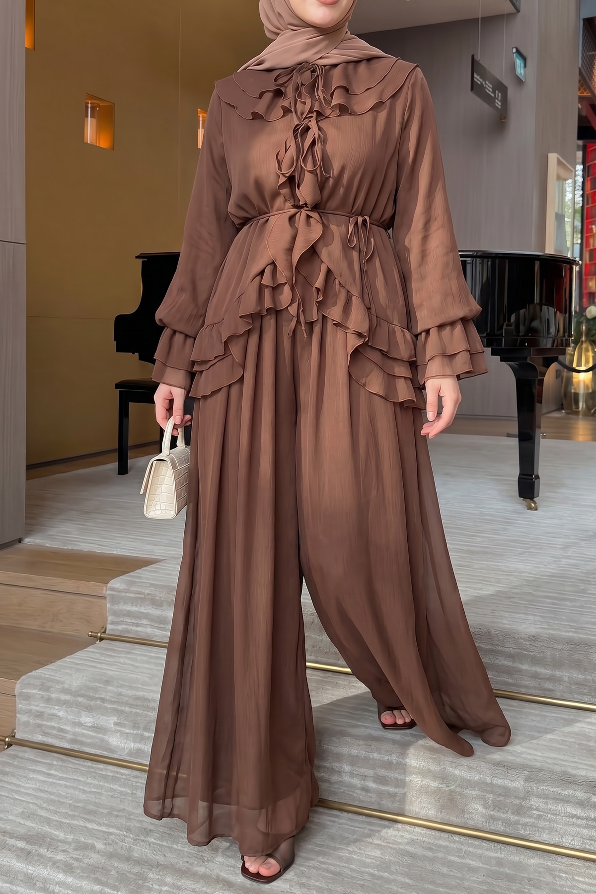 Fırfırlı Premium Şifon Takım 266031 - TABA |  